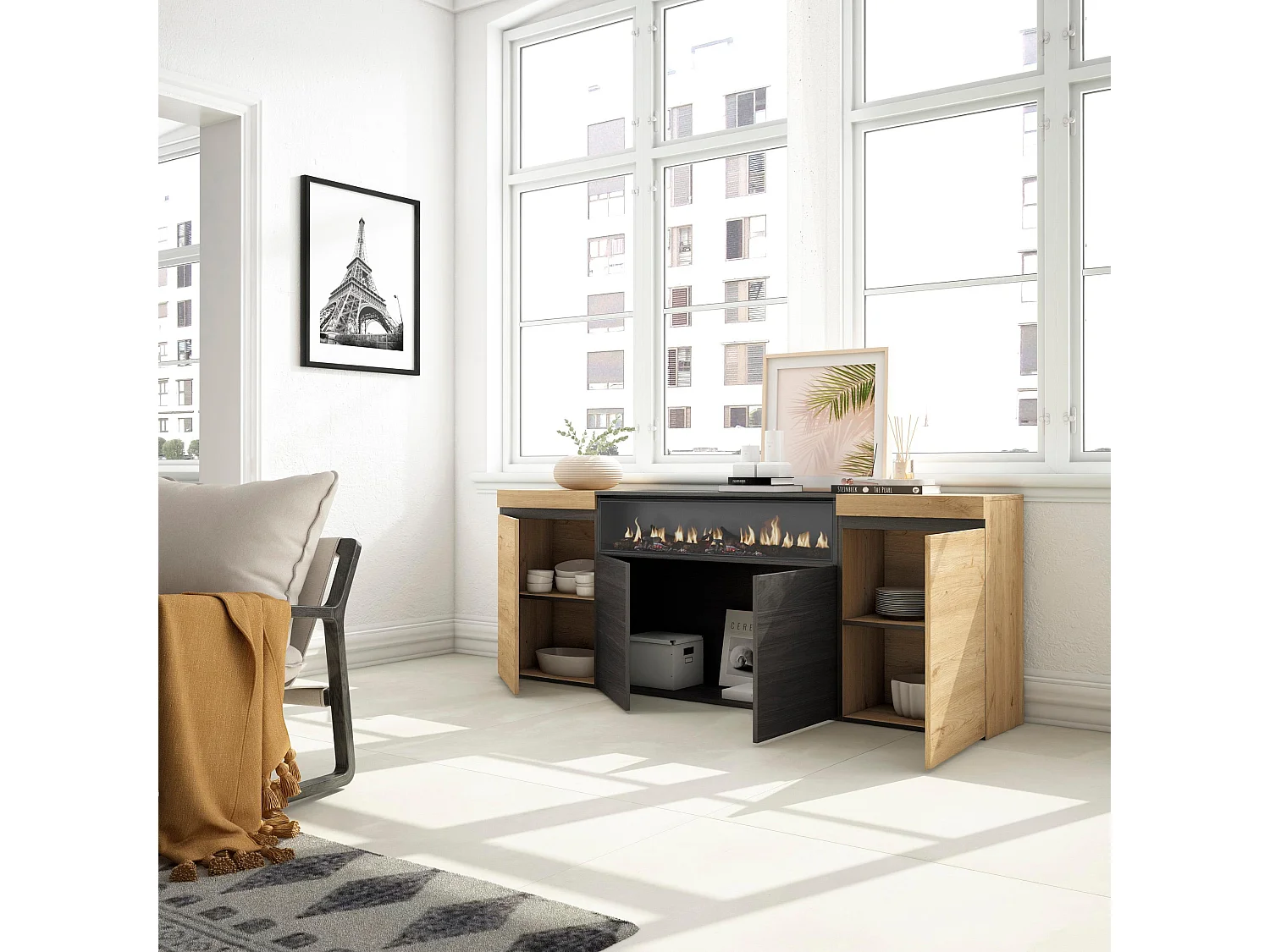 Buffet salon et cuisine, 200x75x35cm, 4 Portes, Cheminée électrique, Chêne et noir