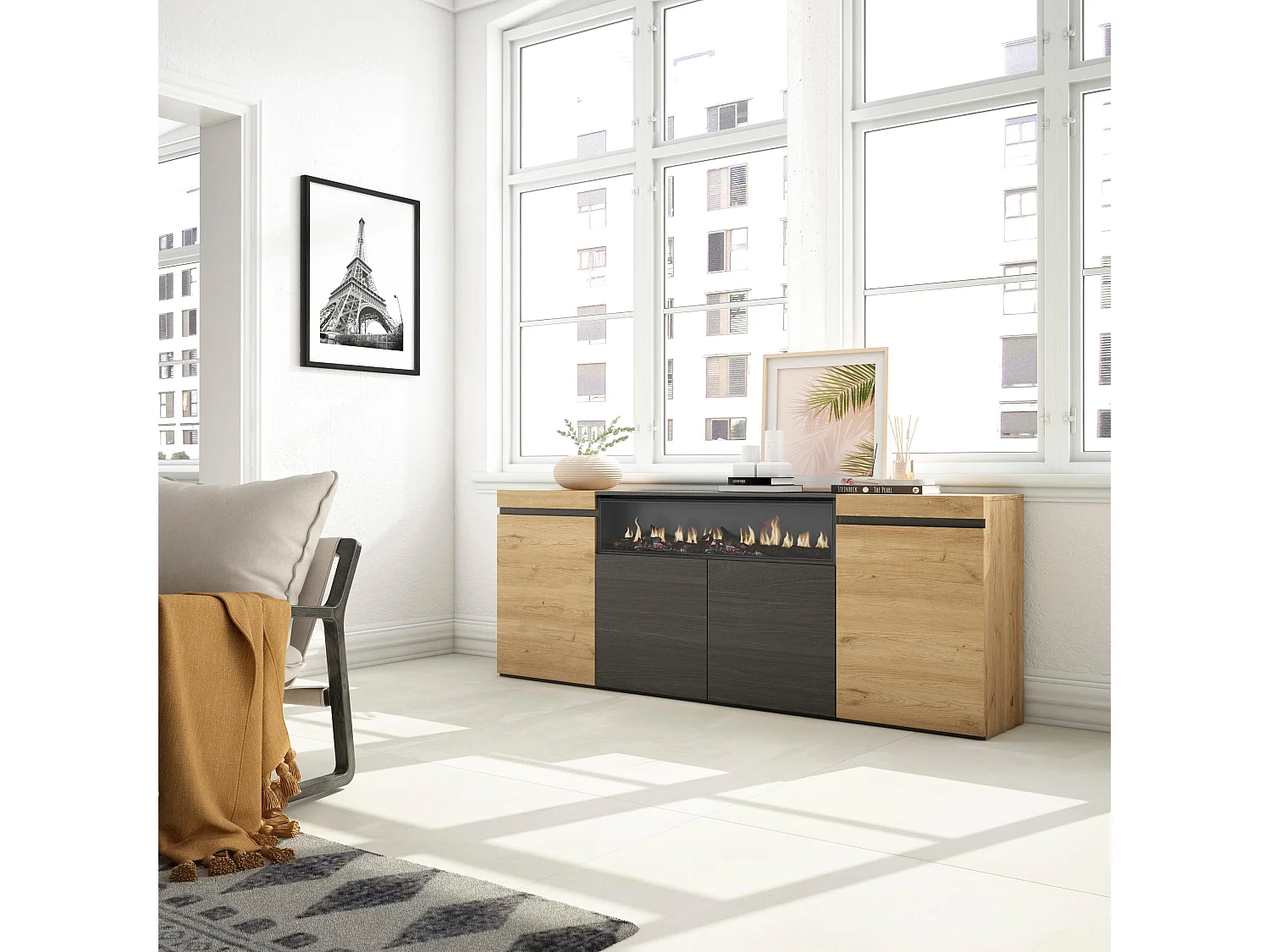 Credenza, Mobile, Cucina, 200x35x75cm, 4 Porte, Camino elettrico, Rovere e nero