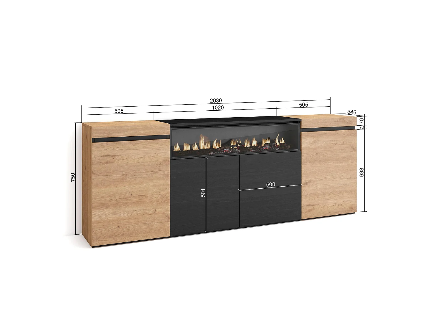 Credenza, Mobile, Cucina, 200x35x75cm, 4 Porte, Camino elettrico, Rovere e nero