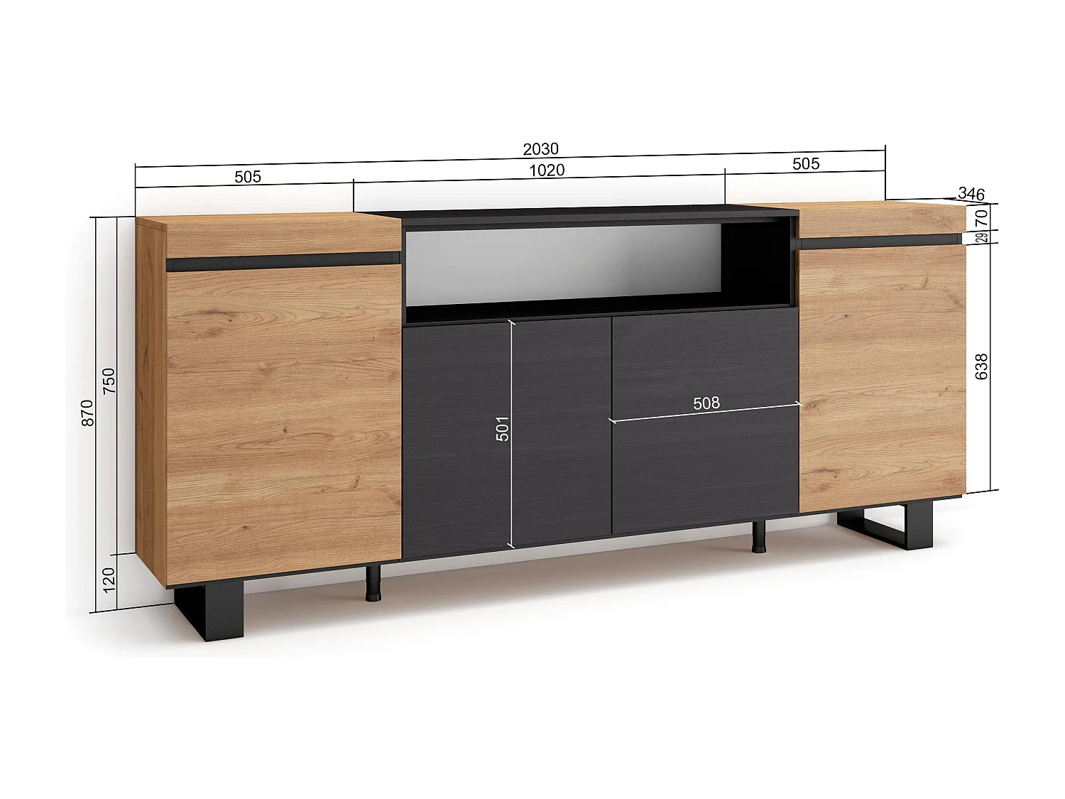 Aparador sala de jantar, 200x35x87cm, 4 Portas, Design industrial, Carvahlo e preto