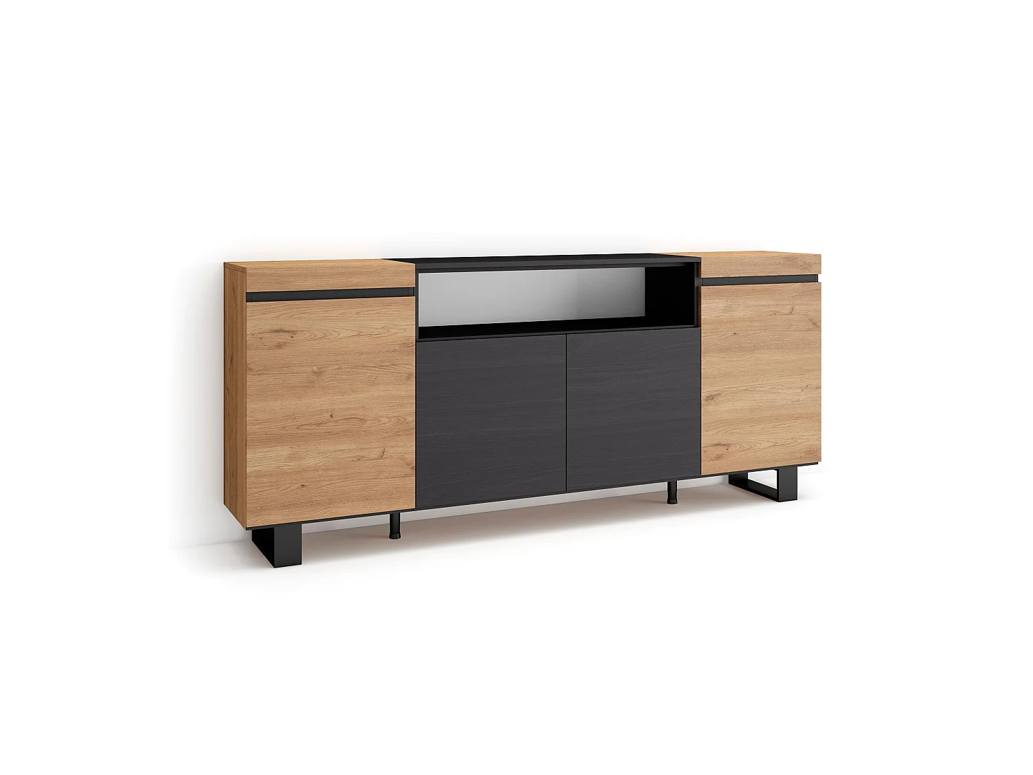 Buffet salon et cuisine, 200x35x87cm, 4 Portes, Design industriel, Chêne et noir