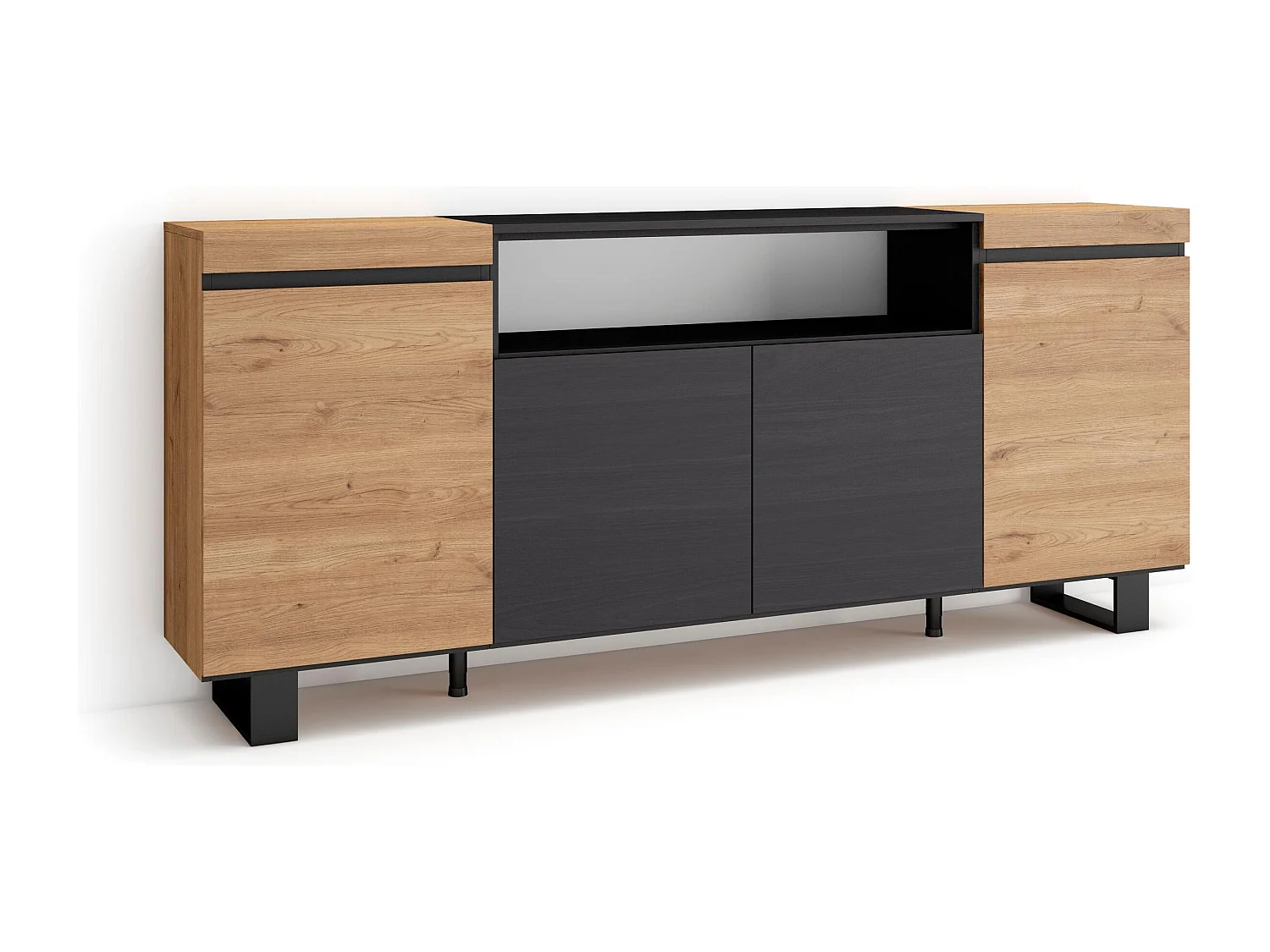 Dressoir, Opbergkast, 200x35x87cm, 4 Deuren, Industrieel design, Eiken/Zwart