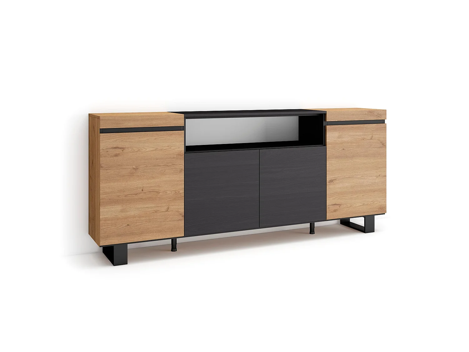 Buffet salon et cuisine, 200x35x87cm, 4 Portes, Design industriel, Chêne et noir