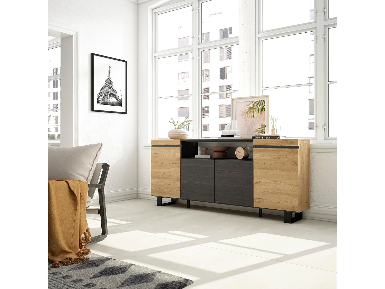 Buffet salon et cuisine, 200x35x87cm, 4 Portes, Design industriel, Chêne et noir