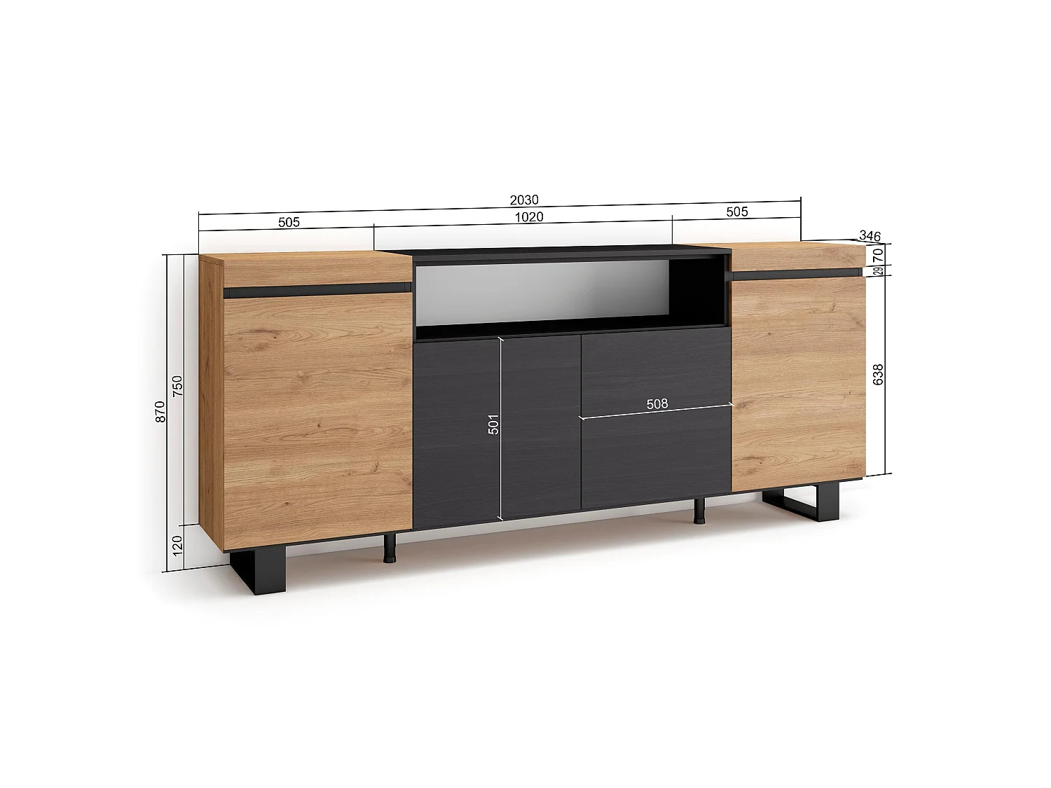 Buffet salon et cuisine, 200x35x87cm, 4 Portes, Design industriel, Chêne et noir