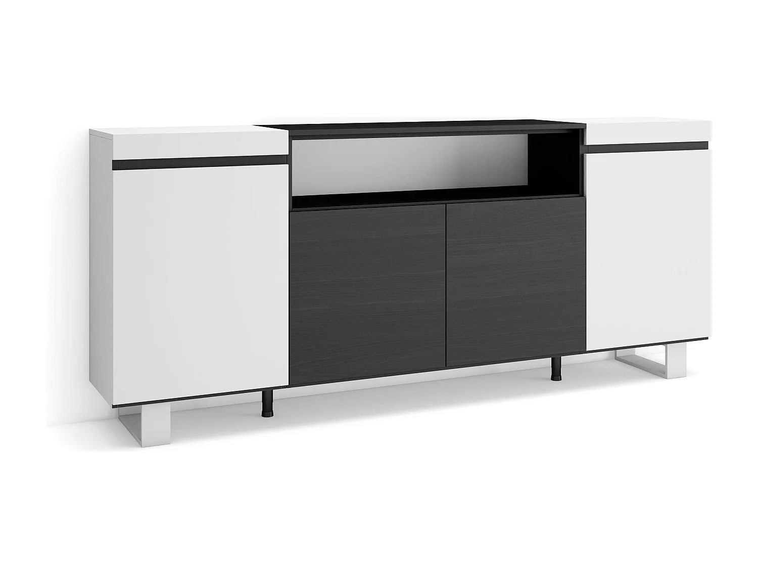 Credenza, Mobile, Cucina, 200x35x87cm, 4 Porte, Design industriale, Bianco e nero
