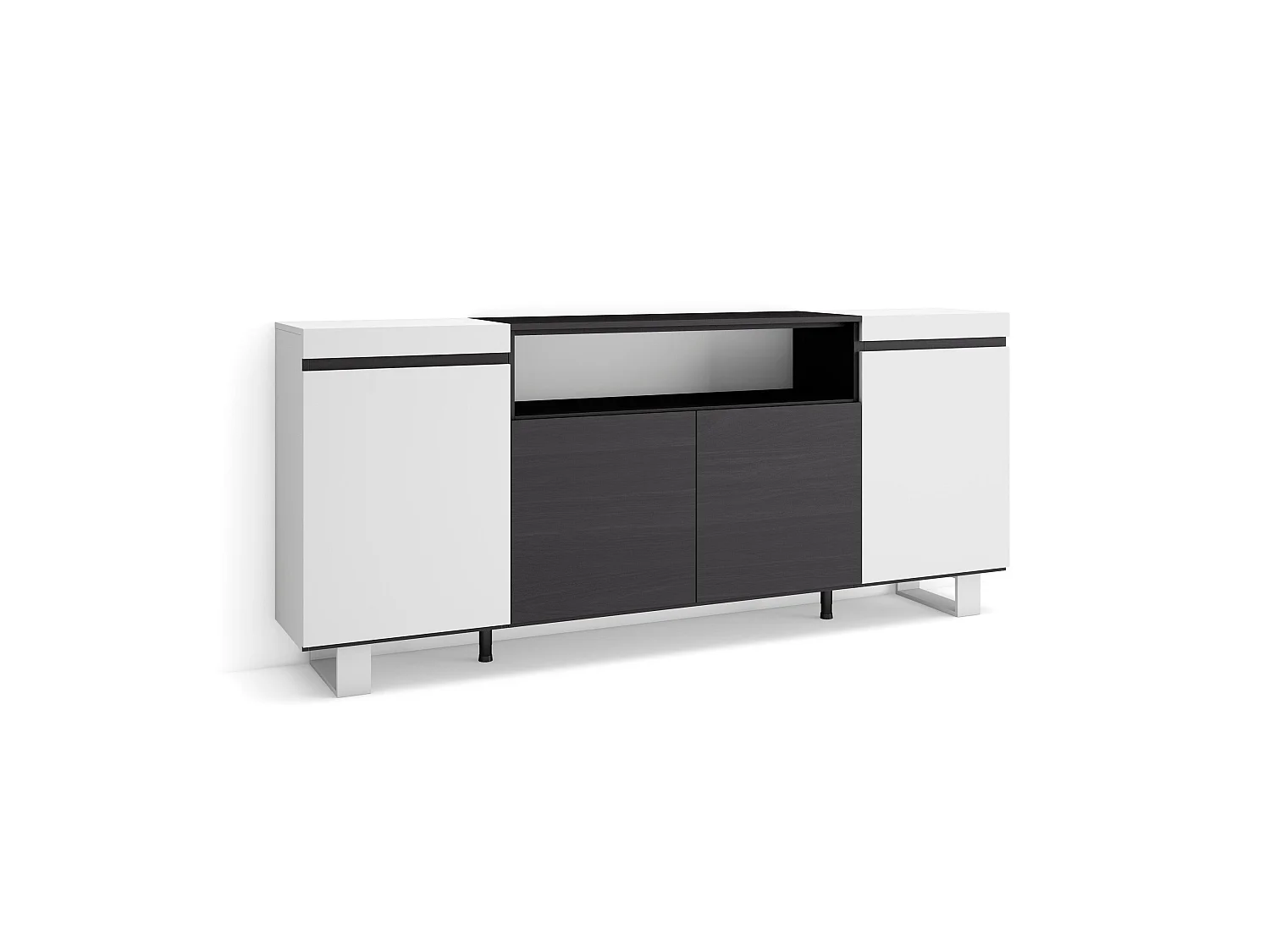 Dressoir, Opbergkast, 200x35x87cm, 4 Deuren, Industrieel design, Wit en Zwart