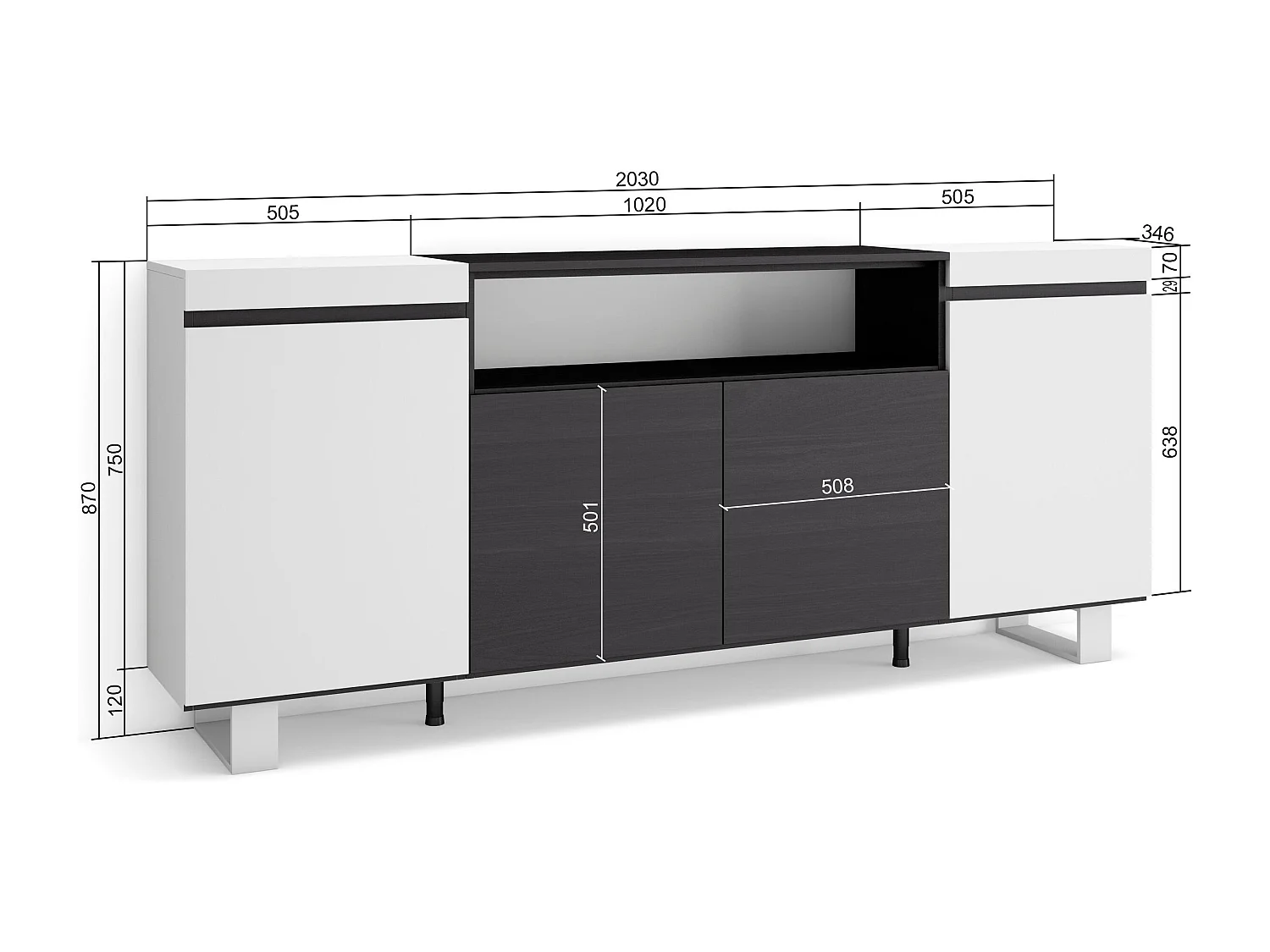 Aparadores para salón, 200x35x87cm, 4 Puertas, Diseño industrial, Blanco y negro