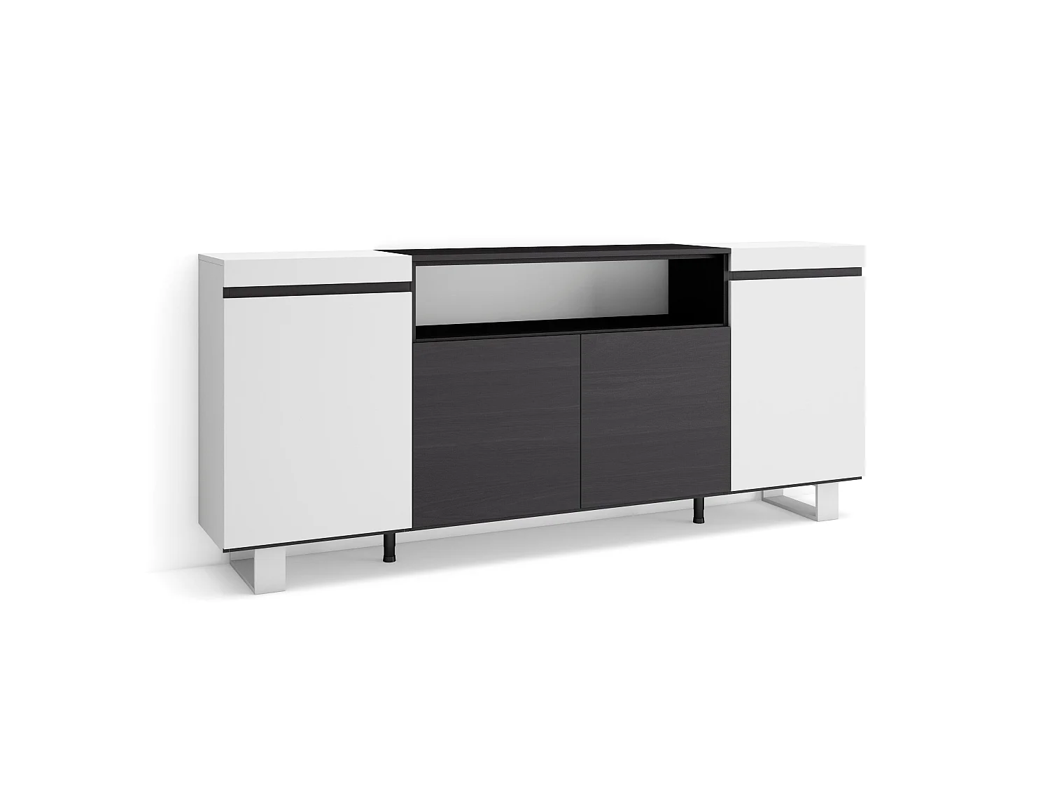 Sideboard, Highboard, 200x35x87cm, 4 Türen, Industriedesign, Weiß und Schwarz