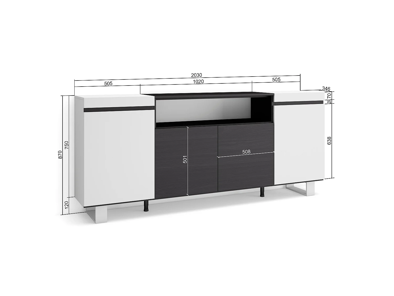 Sideboard, Highboard, 200x35x87cm, 4 Türen, Industriedesign, Weiß und Schwarz