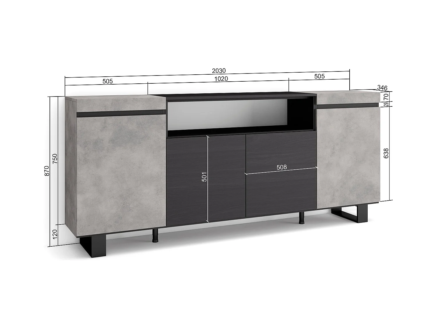 Aparador sala de jantar, 200x35x87cm, 4 Portas, Design industrial, Cimento