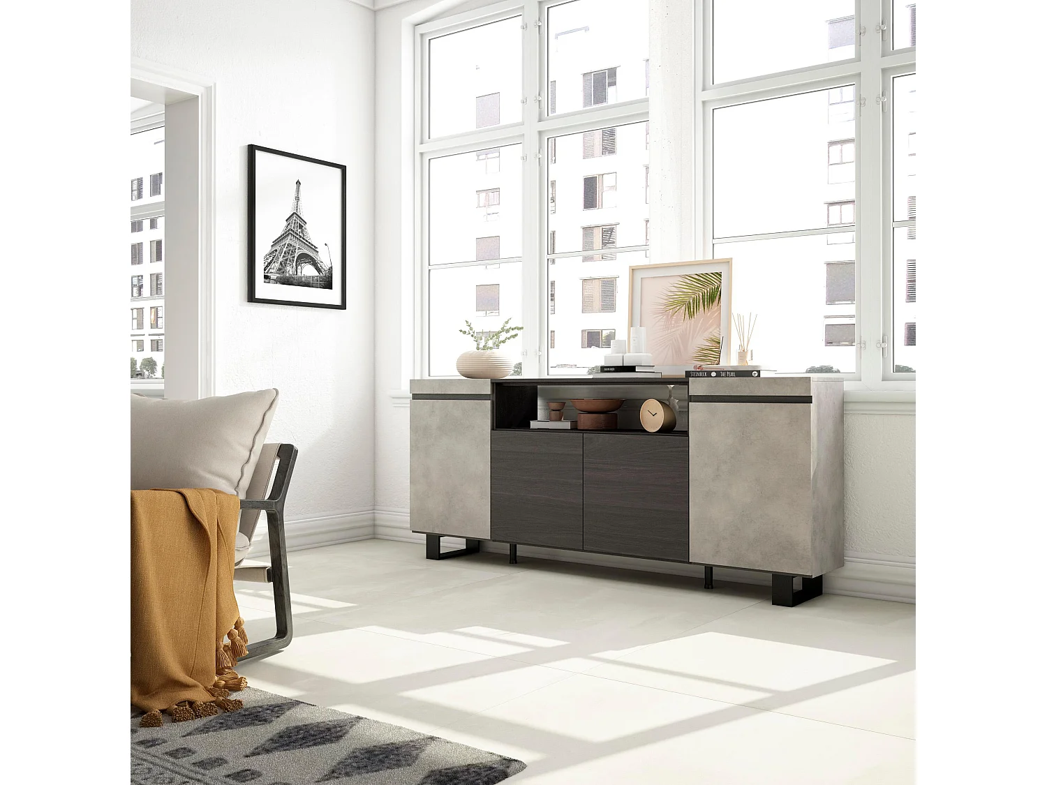 Aparadores para salón, 200x35x87cm, 4 Puertas, Diseño industrial, Cemento