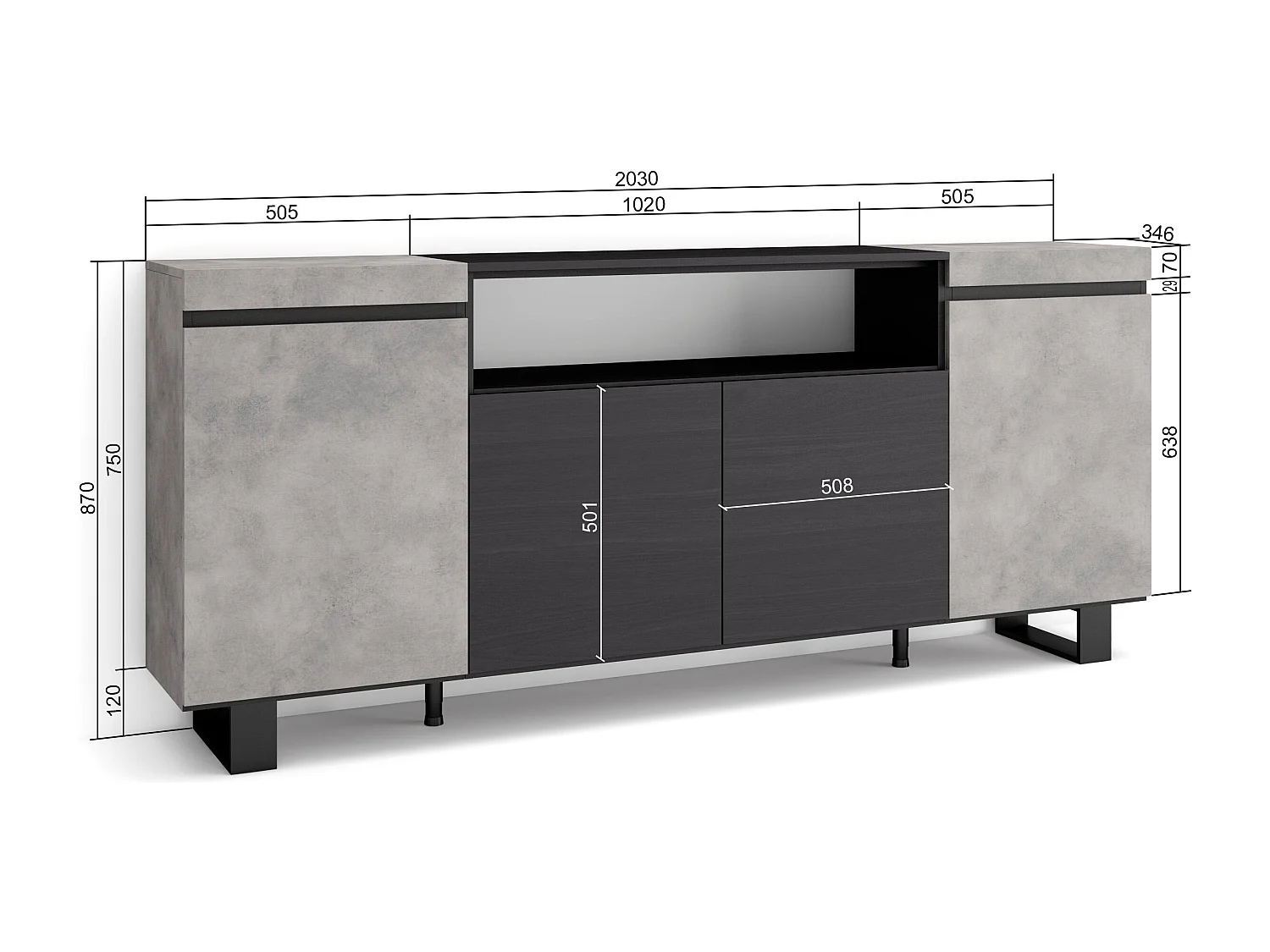 Aparadores para salón, 200x35x87cm, 4 Puertas, Diseño industrial, Cemento