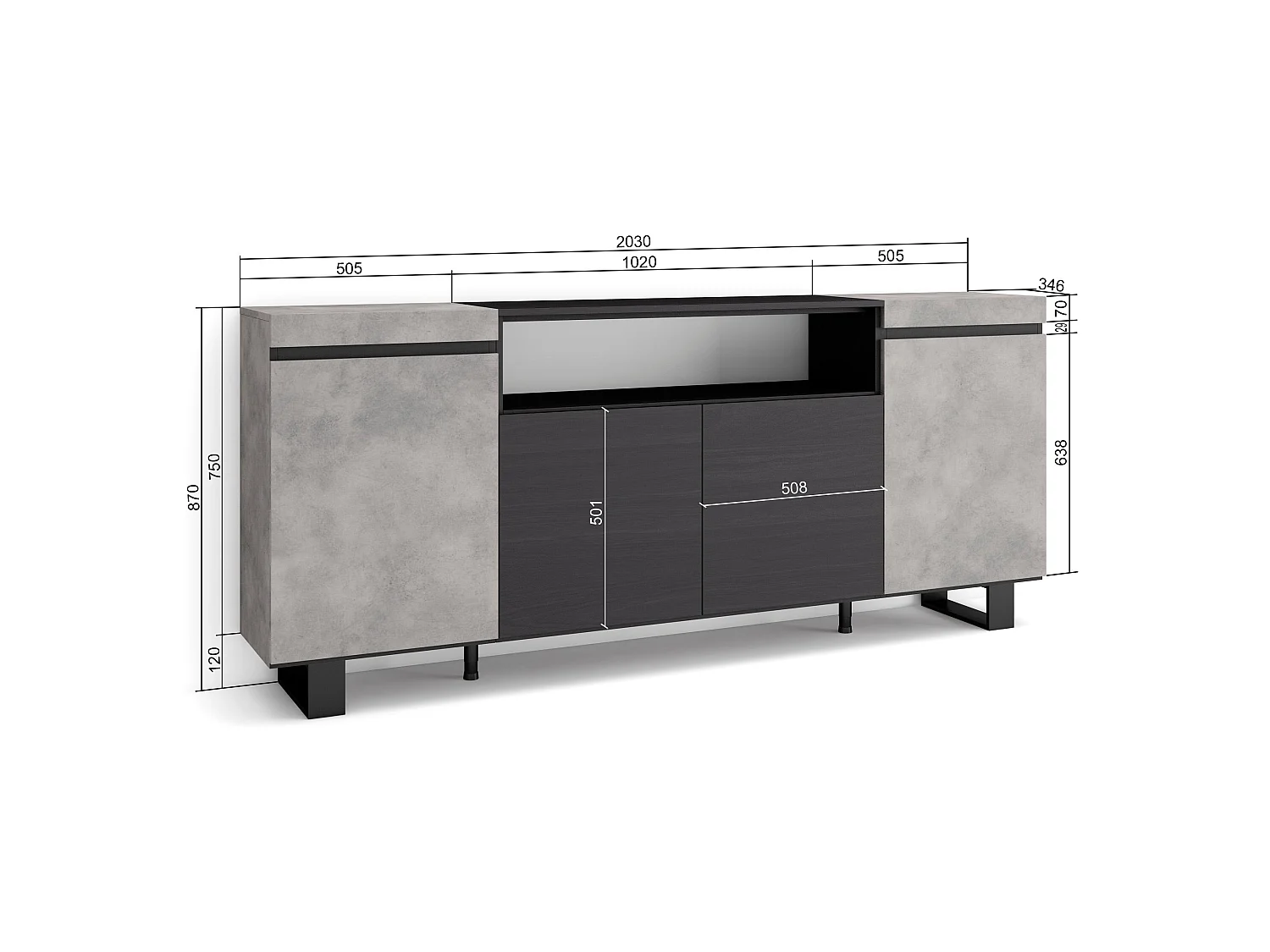 Aparador sala de jantar, 200x35x87cm, 4 Portas, Design industrial, Cimento