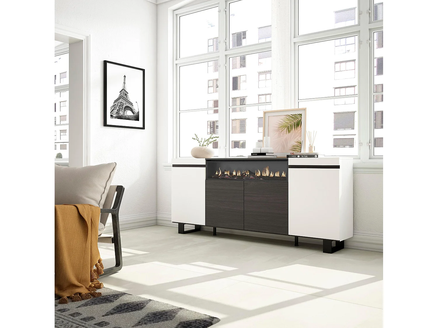 Dressoir, Opbergkast, 200x35x87cm, 4 Deuren, Elektrische haard, Industrieel design, Wit en Zwart