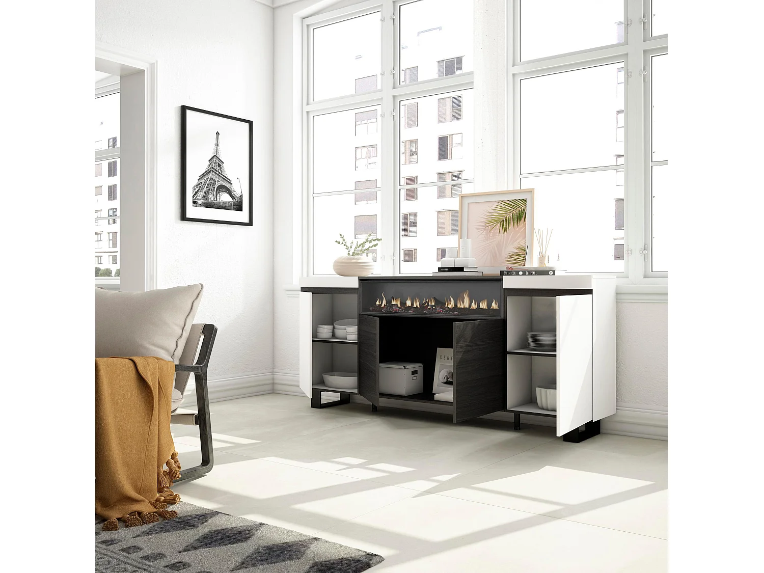 Dressoir, Opbergkast, 200x35x87cm, 4 Deuren, Elektrische haard, Industrieel design, Wit en Zwart