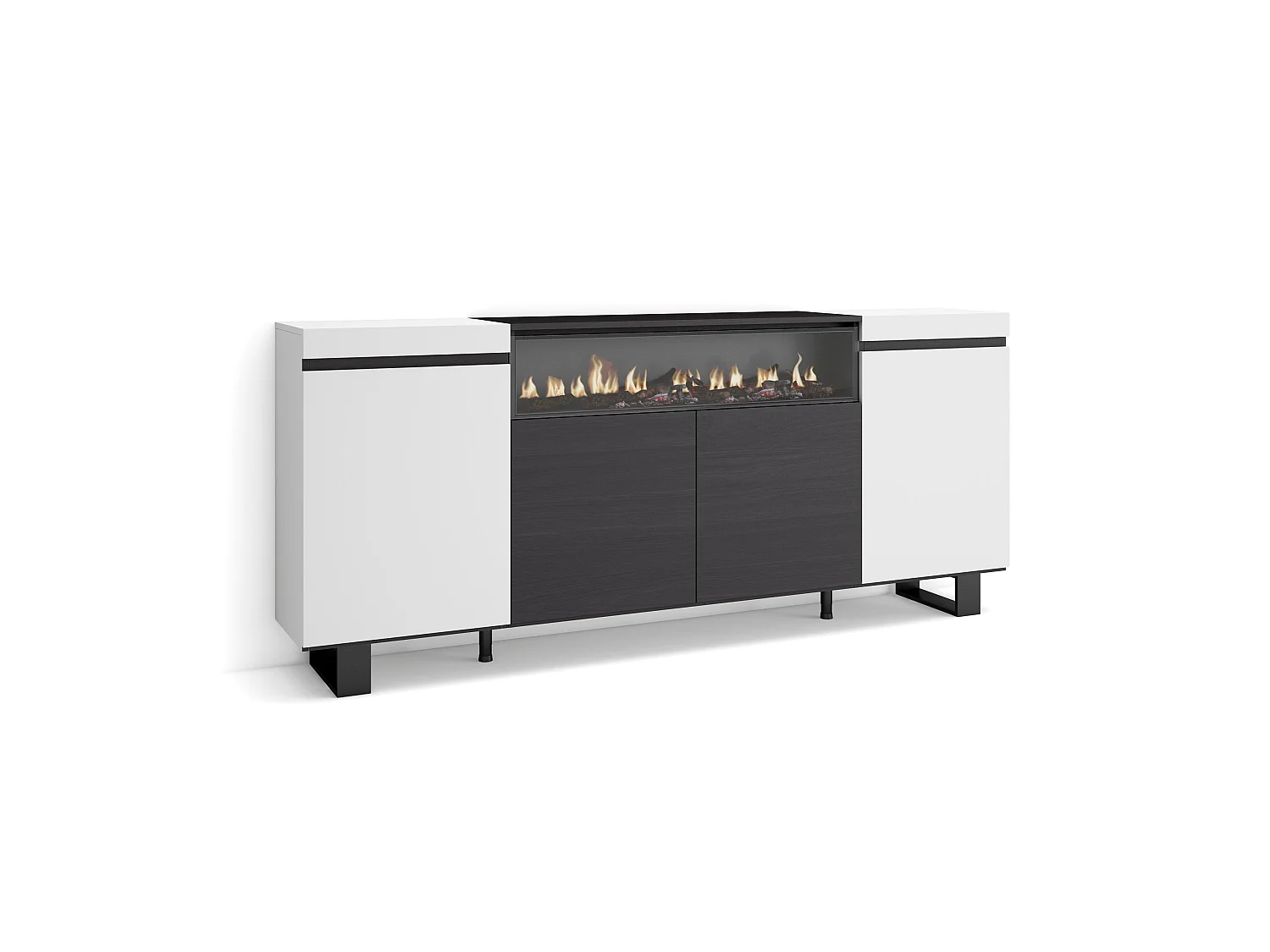 Buffet salon et cuisine, 200x35x87cm, 4 Portes, Cheminée électrique, Design industriel, Blanc et noir