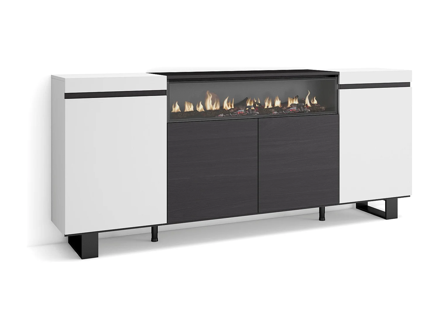 Aparador sala de jantar, 200x35x87cm, 4 Portas, Lareira eléctrica, Design industrial, Branco e preto