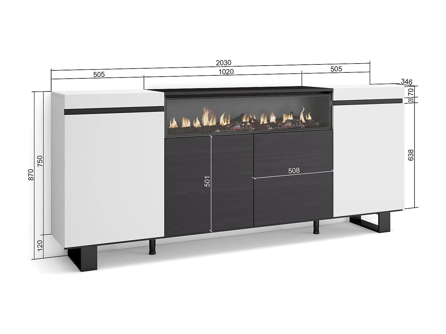 Aparador sala de jantar, 200x35x87cm, 4 Portas, Lareira eléctrica, Design industrial, Branco e preto