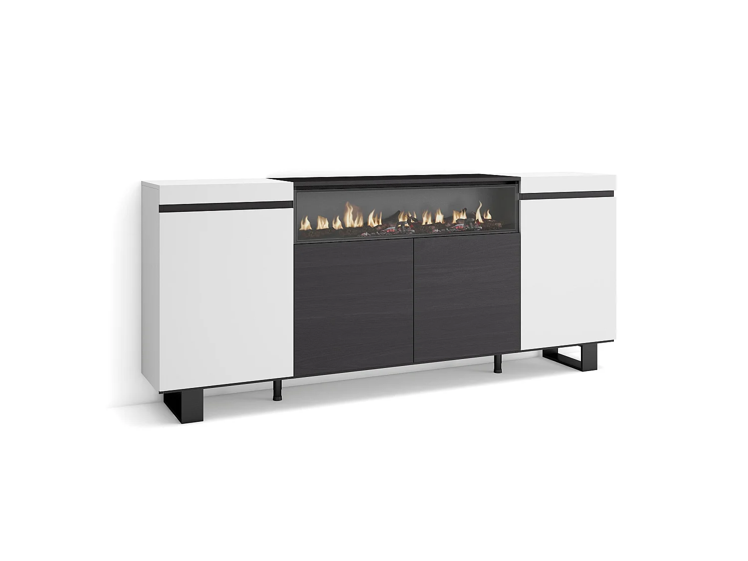 Buffet salon et cuisine, 200x35x87cm, 4 Portes, Cheminée électrique, Design industriel, Blanc et noir
