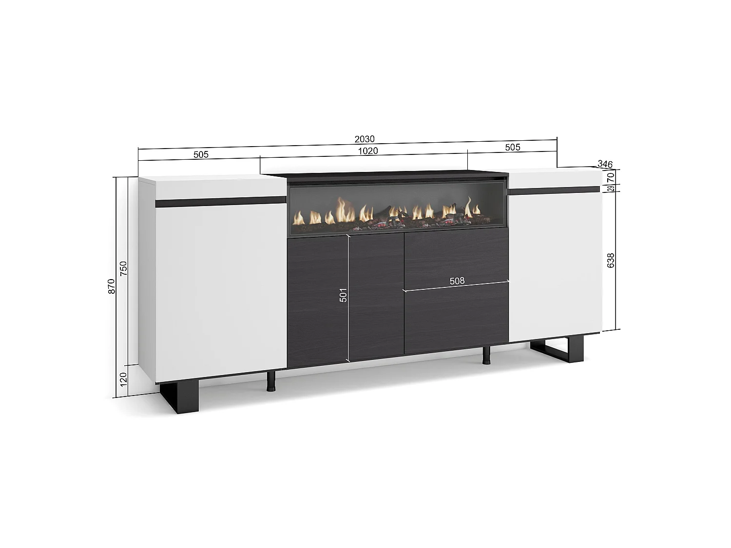 Buffet salon et cuisine, 200x35x87cm, 4 Portes, Cheminée électrique, Design industriel, Blanc et noir