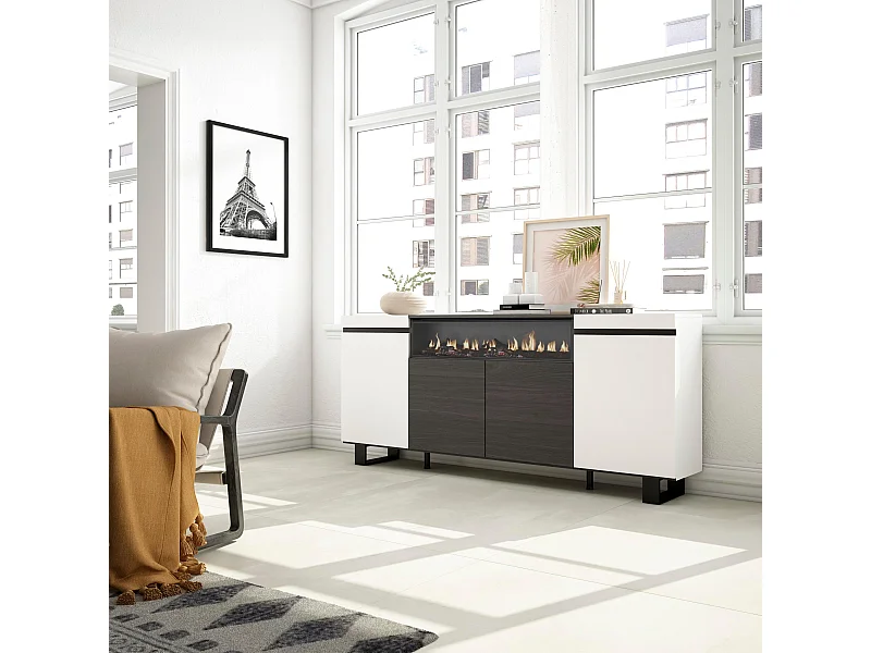 Buffet salon et cuisine, 200x35x87cm, 4 Portes, Cheminée électrique, Design industriel, Blanc et noir