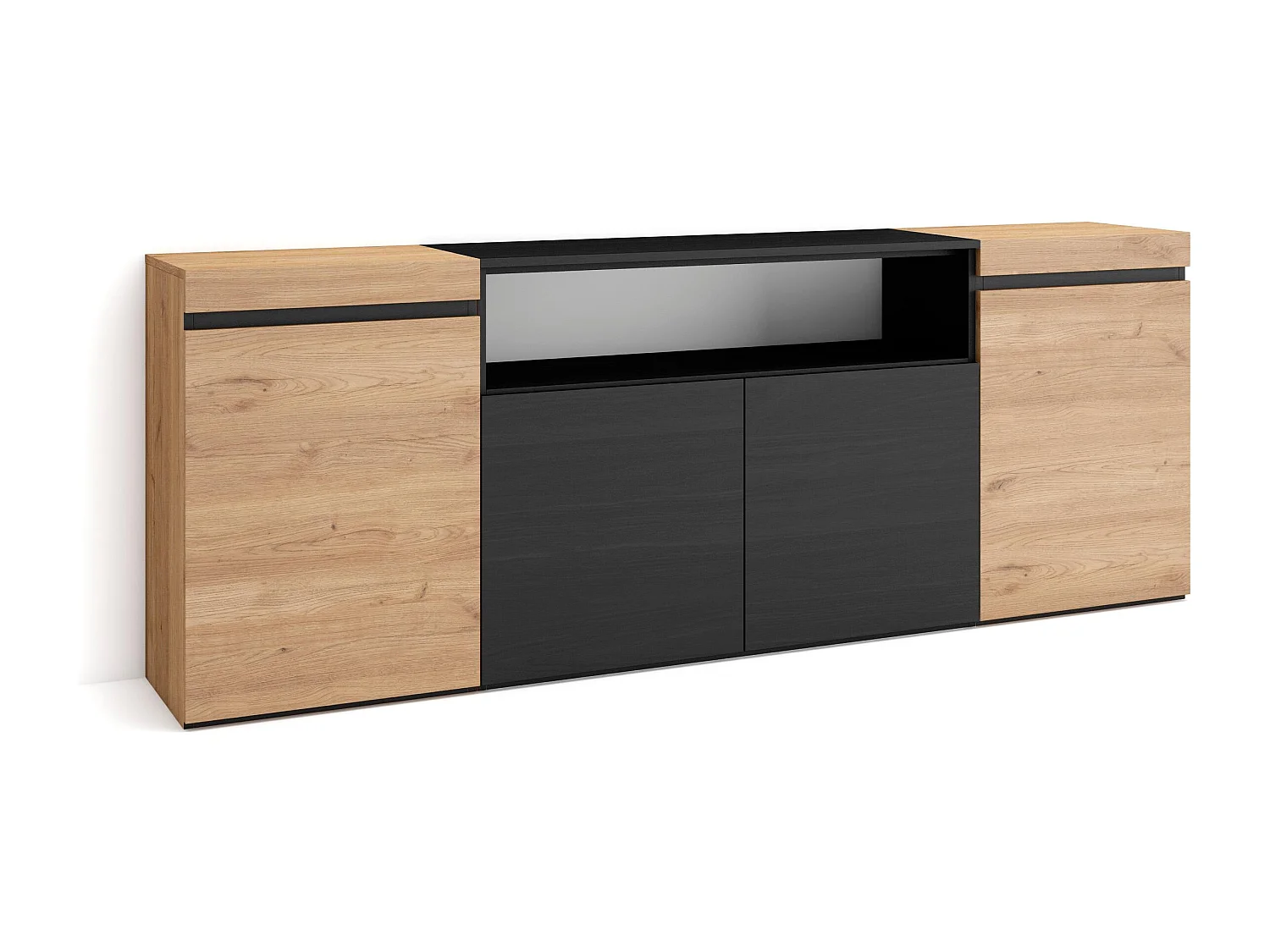 Dressoir, Opbergkast, 200x75x35cm, 4 Deuren, Woonkamer, hal, Eiken/Zwart