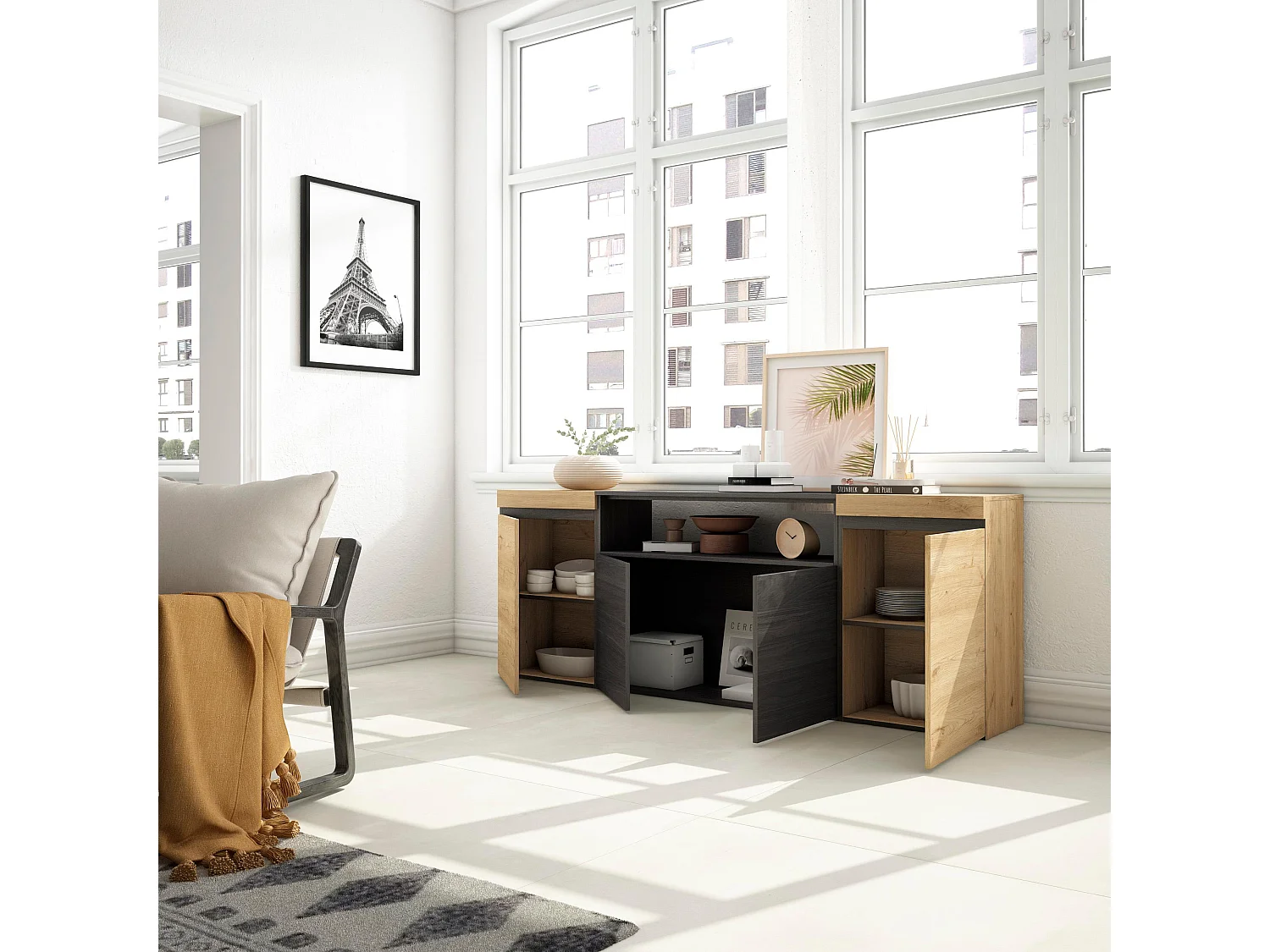 Dressoir, Opbergkast, 200x75x35cm, 4 Deuren, Woonkamer, hal, Eiken/Zwart