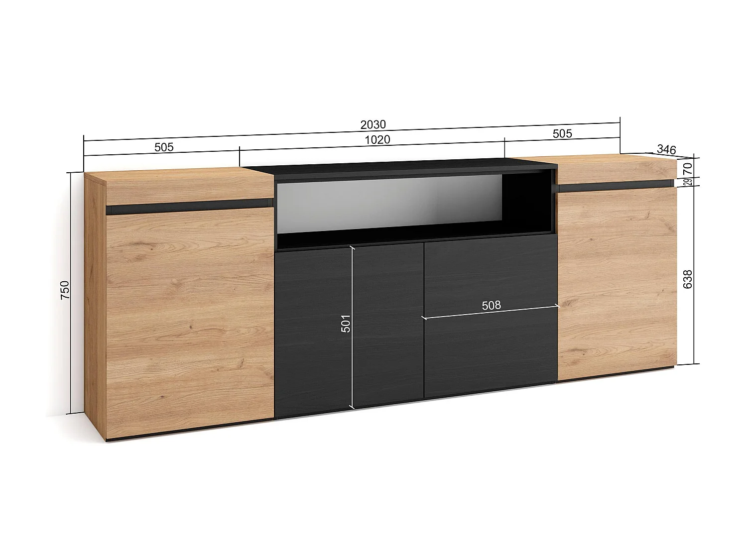 Dressoir, Opbergkast, 200x75x35cm, 4 Deuren, Woonkamer, hal, Eiken/Zwart