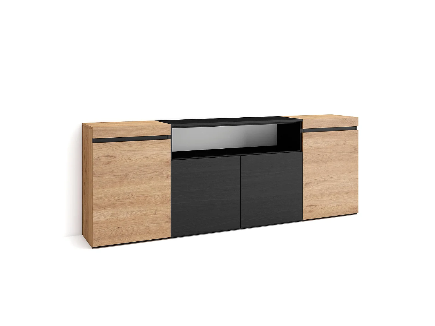 Credenza, Mobile, Cucina, 200x35x75cm, 4 Porte, grande stoccaggio, Rovere e nero