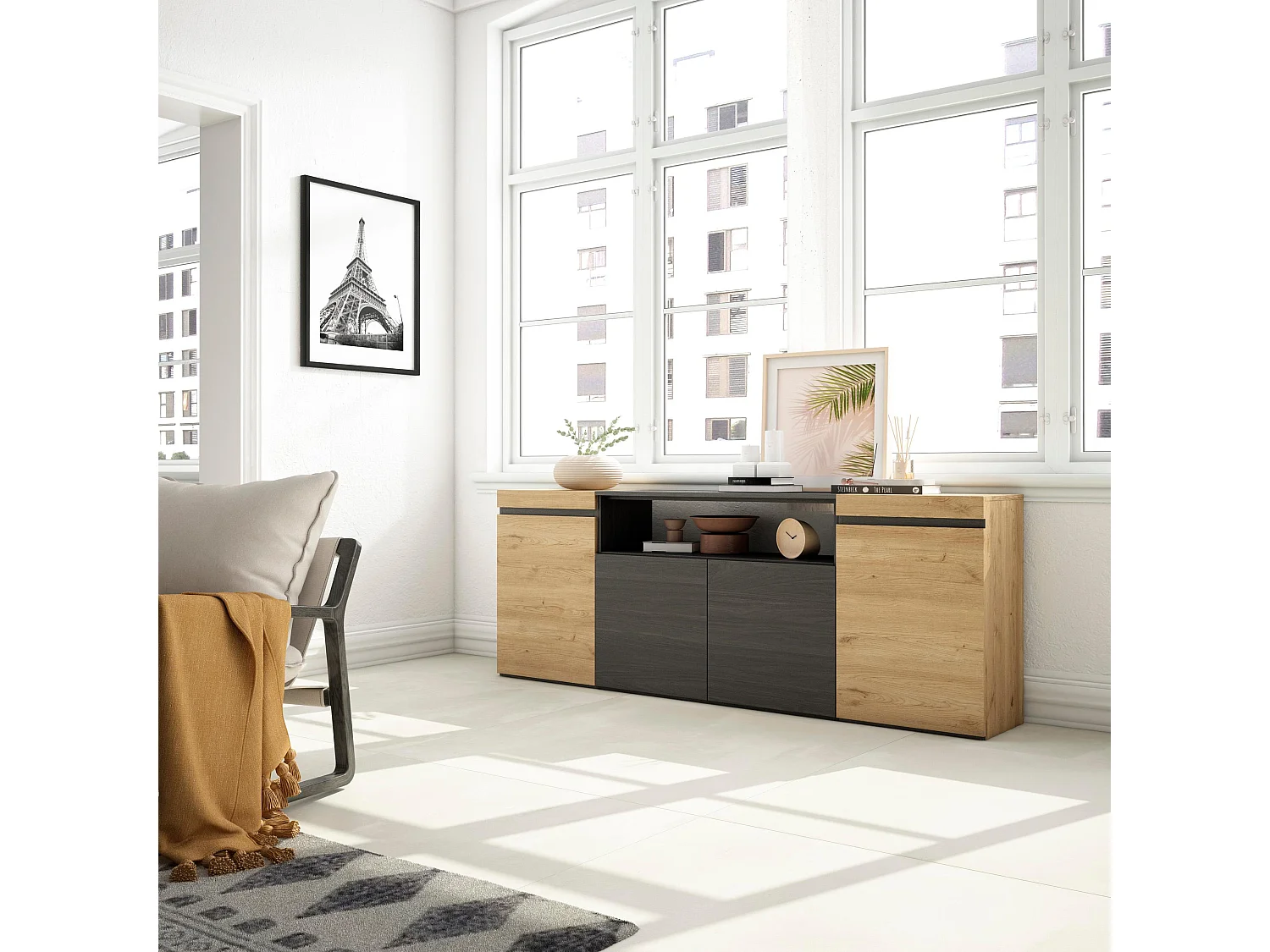 Credenza, Mobile, Cucina, 200x35x75cm, 4 Porte, grande stoccaggio, Rovere e nero
