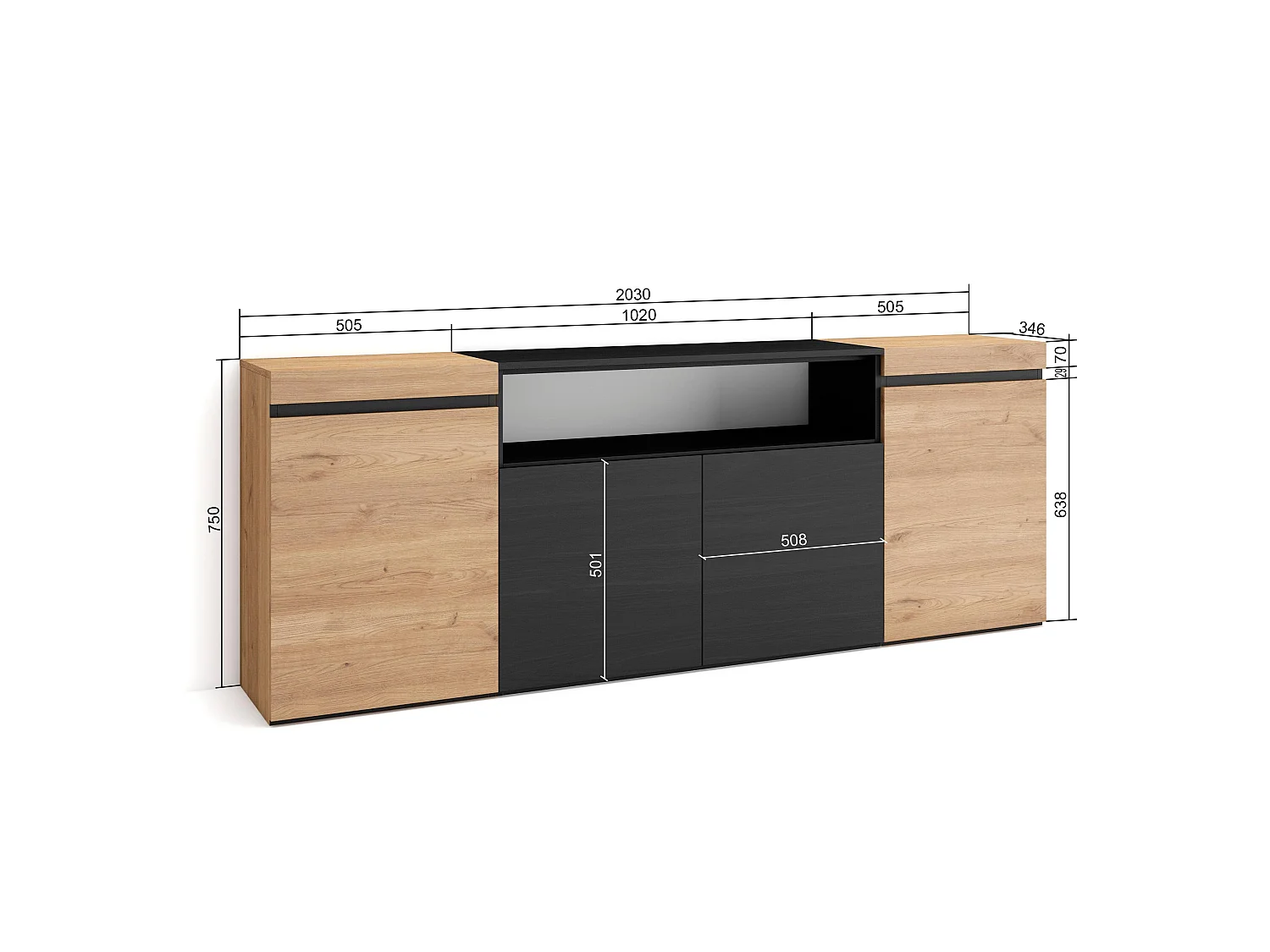 Credenza, Mobile, Cucina, 200x35x75cm, 4 Porte, grande stoccaggio, Rovere e nero