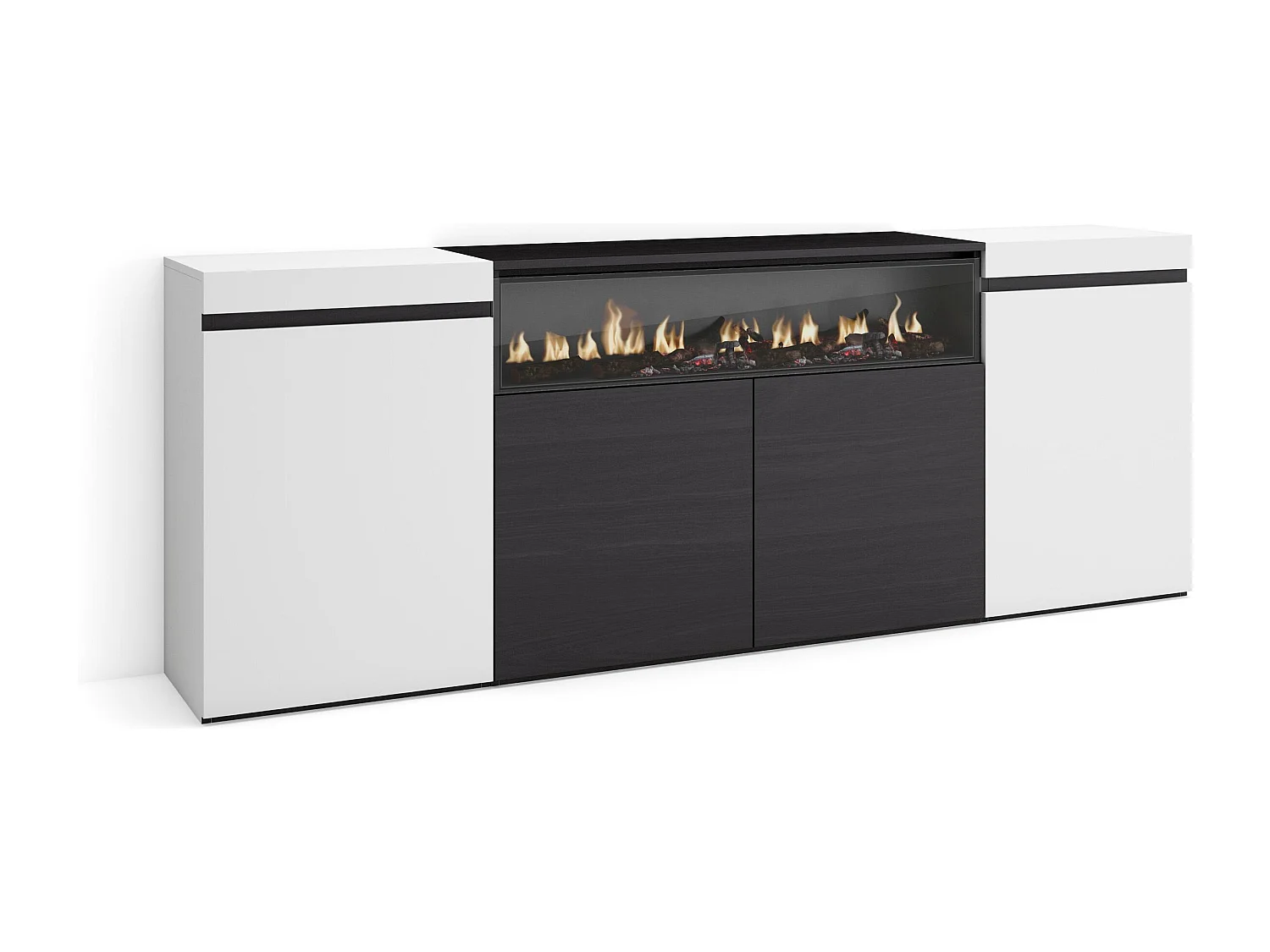 Buffet salon et cuisine, 200x75x35cm, 4 Portes, Cheminée électrique, Blanc et noir