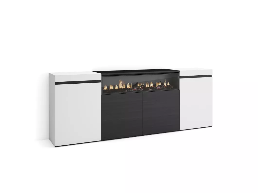 Kauf Unique Sideboard, Highboard, 200x75x35cm, 4 Türen, Elektrokamin. Maße, Weiß und Schwarz