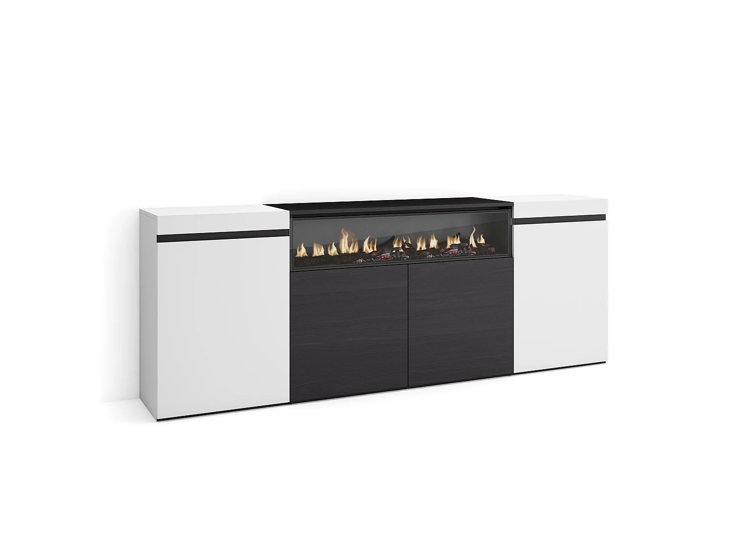 Sideboard, Highboard, 200x35x75cm, 4 Türen, Elektrokamin. Maße, Weiß und Schwarz