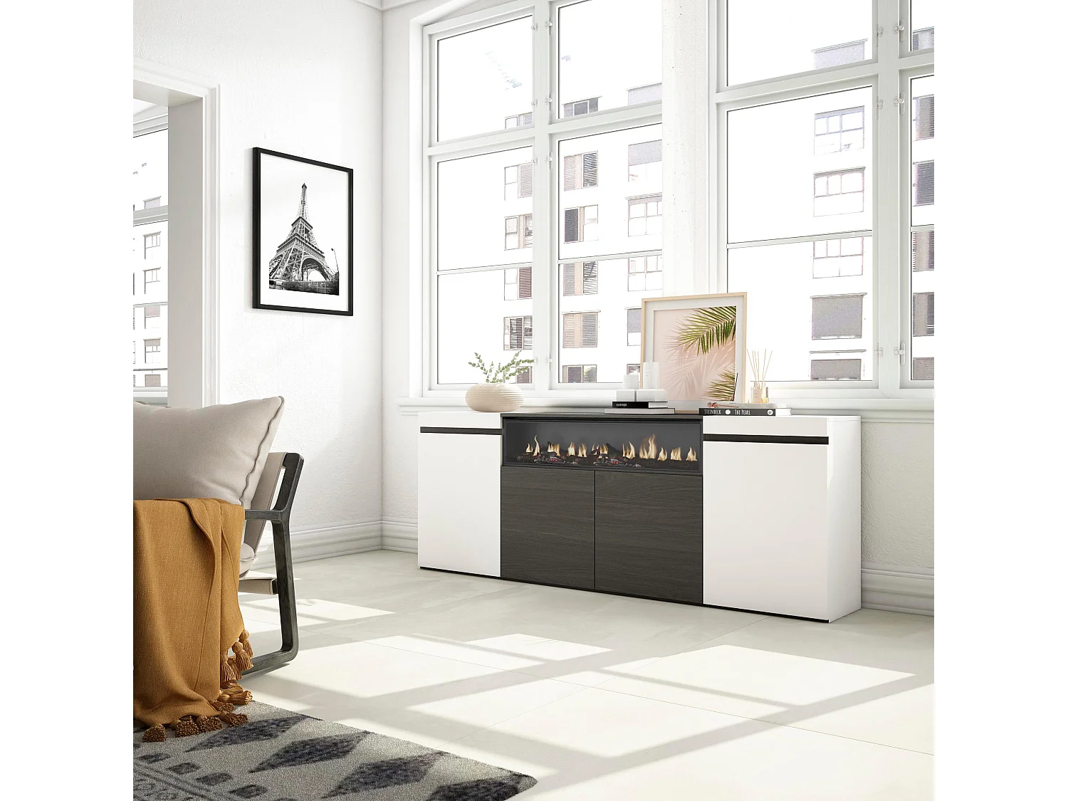 Sideboard, Highboard, 200x35x75cm, 4 Türen, Elektrokamin. Maße, Weiß und Schwarz