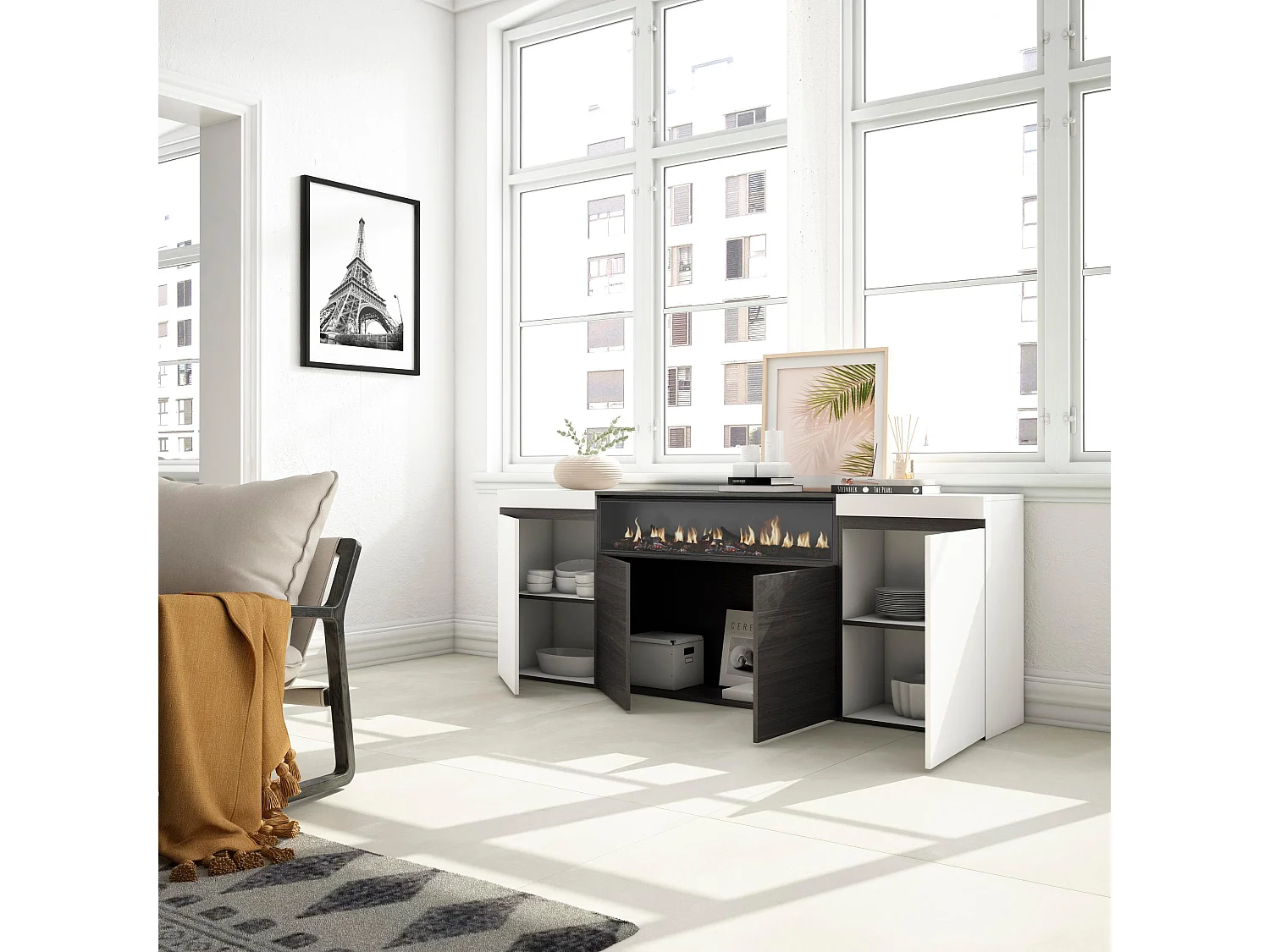 Sideboard, Highboard, 200x35x75cm, 4 Türen, Elektrokamin. Maße, Weiß und Schwarz
