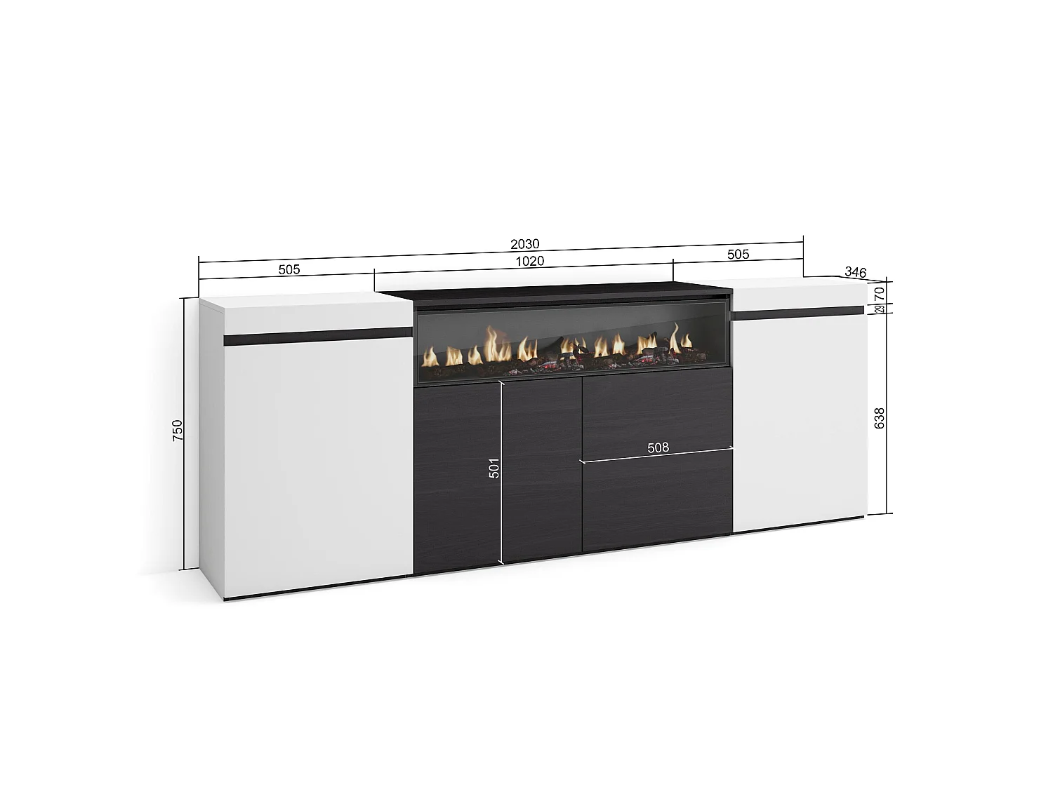 Sideboard, Highboard, 200x35x75cm, 4 Türen, Elektrokamin. Maße, Weiß und Schwarz