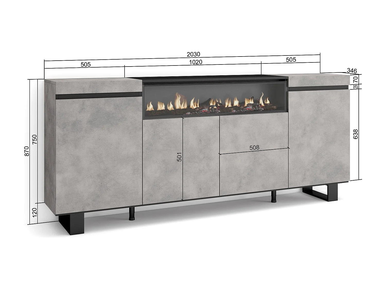 Aparadores para salón, 200x35x87cm, 4 Puertas, Chimenea eléctrica, Diseño industrial, Cemento