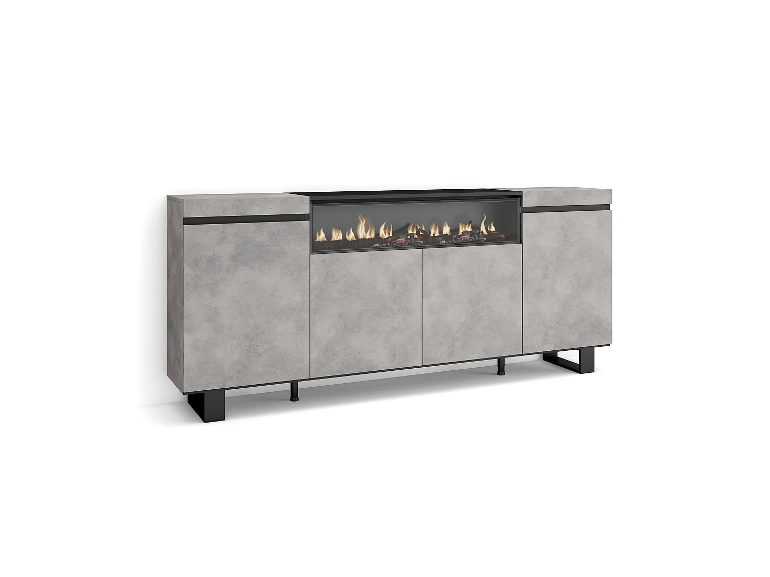 Buffet salon et cuisine, 200x35x87cm, 4 Portes, Cheminée électrique, Design industriel, Ciment