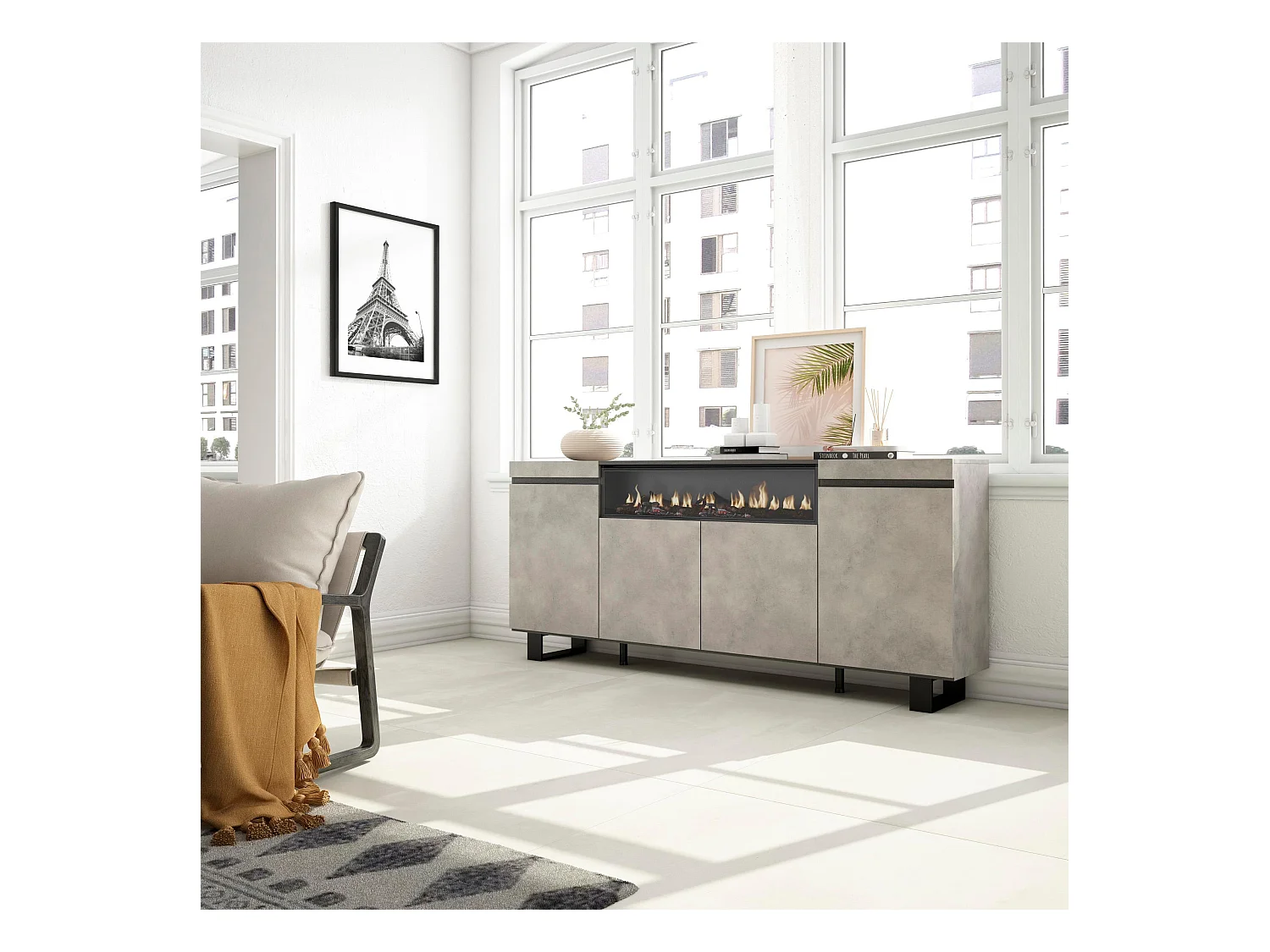 Buffet salon et cuisine, 200x35x87cm, 4 Portes, Cheminée électrique, Design industriel, Ciment