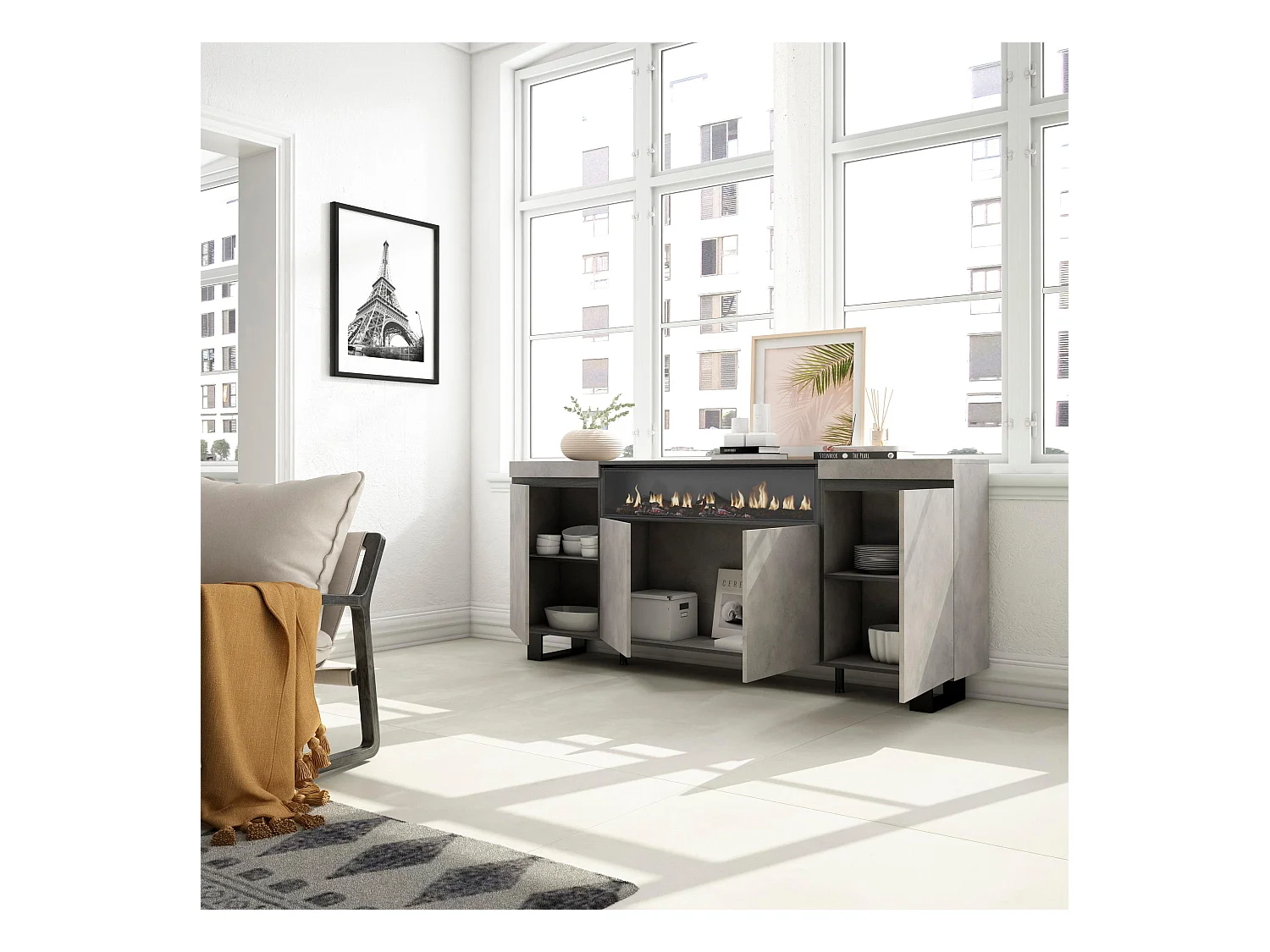 Buffet salon et cuisine, 200x35x87cm, 4 Portes, Cheminée électrique, Design industriel, Ciment
