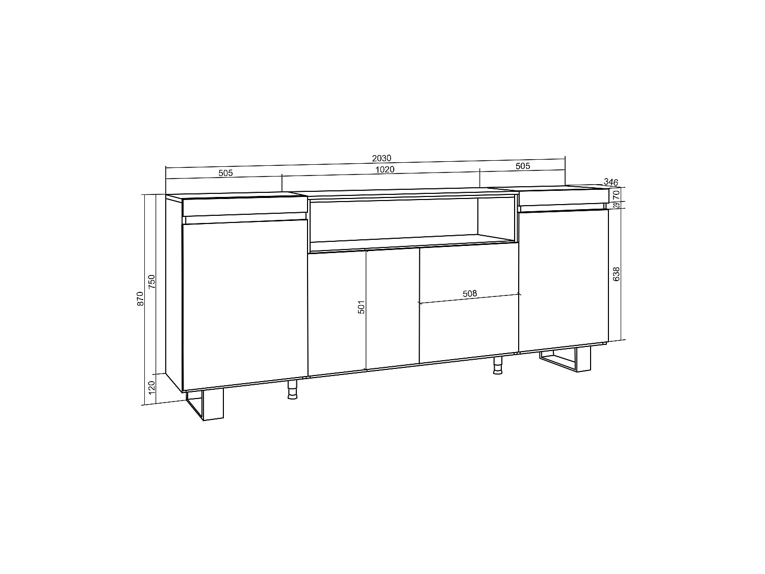 Buffet salon et cuisine, 200x35x87cm, 4 Portes, Cheminée électrique, Design industriel, Ciment