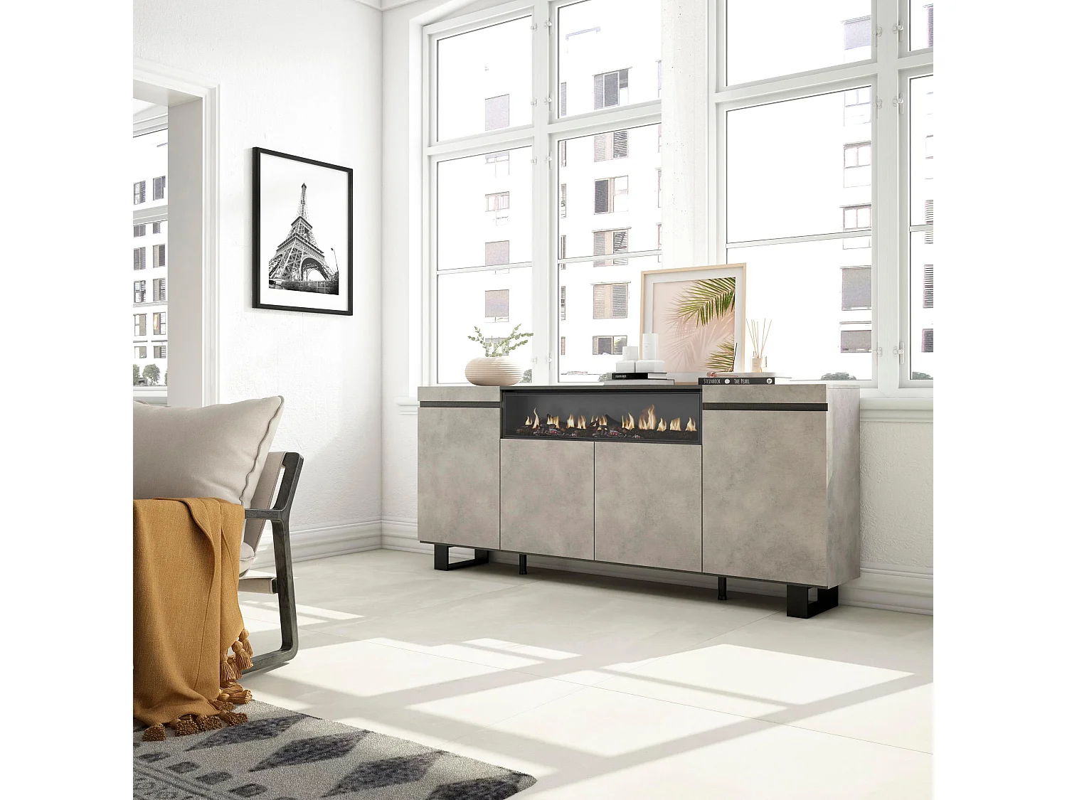 Dressoir, Opbergkast, 200x35x87cm, 4 Deuren, Elektrische haard, Industrieel design, Cement