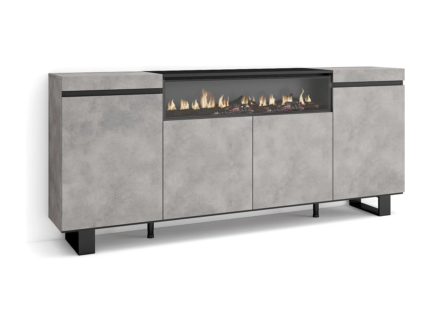 Dressoir, Opbergkast, 200x35x87cm, 4 Deuren, Elektrische haard, Industrieel design, Cement