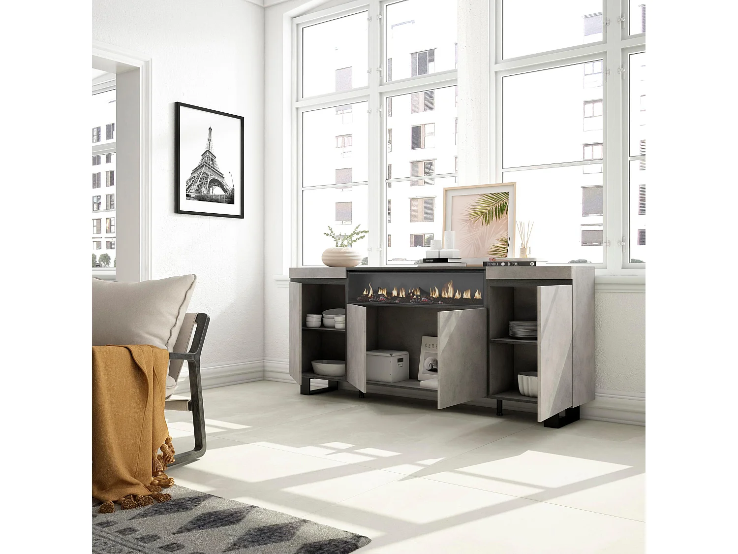 Dressoir, Opbergkast, 200x35x87cm, 4 Deuren, Elektrische haard, Industrieel design, Cement