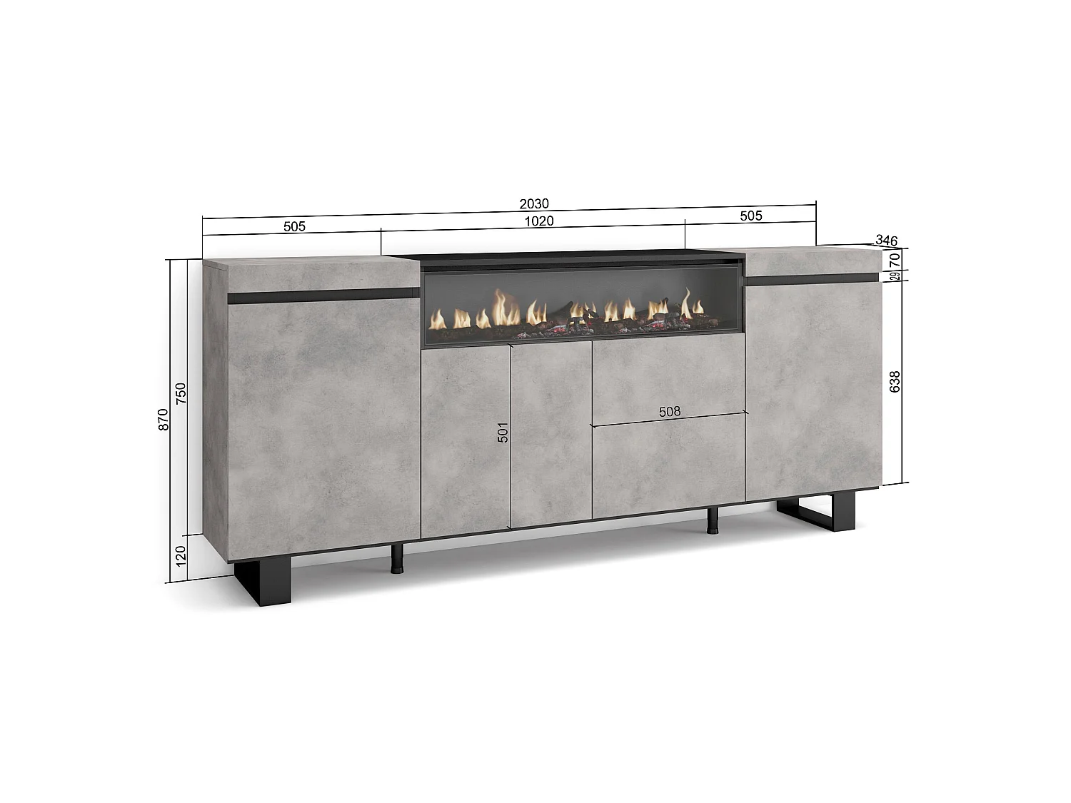 Sideboard, Highboard, 200x35x87cm, 4 Türen, Elektrokamin, Industriedesign, Zement