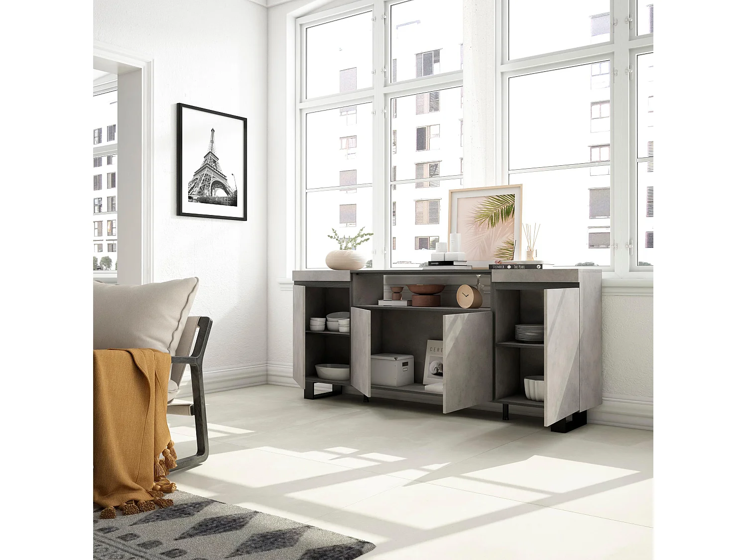 Dressoir, Opbergkast, 200x35x87cm, 4 Deuren, Industrieel design, Cement