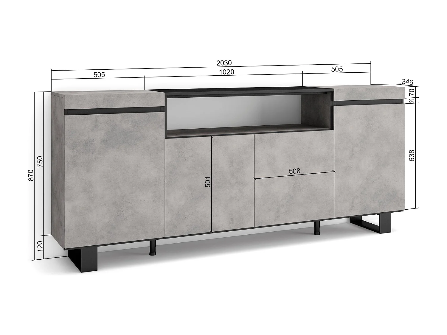 Dressoir, Opbergkast, 200x35x87cm, 4 Deuren, Industrieel design, Cement