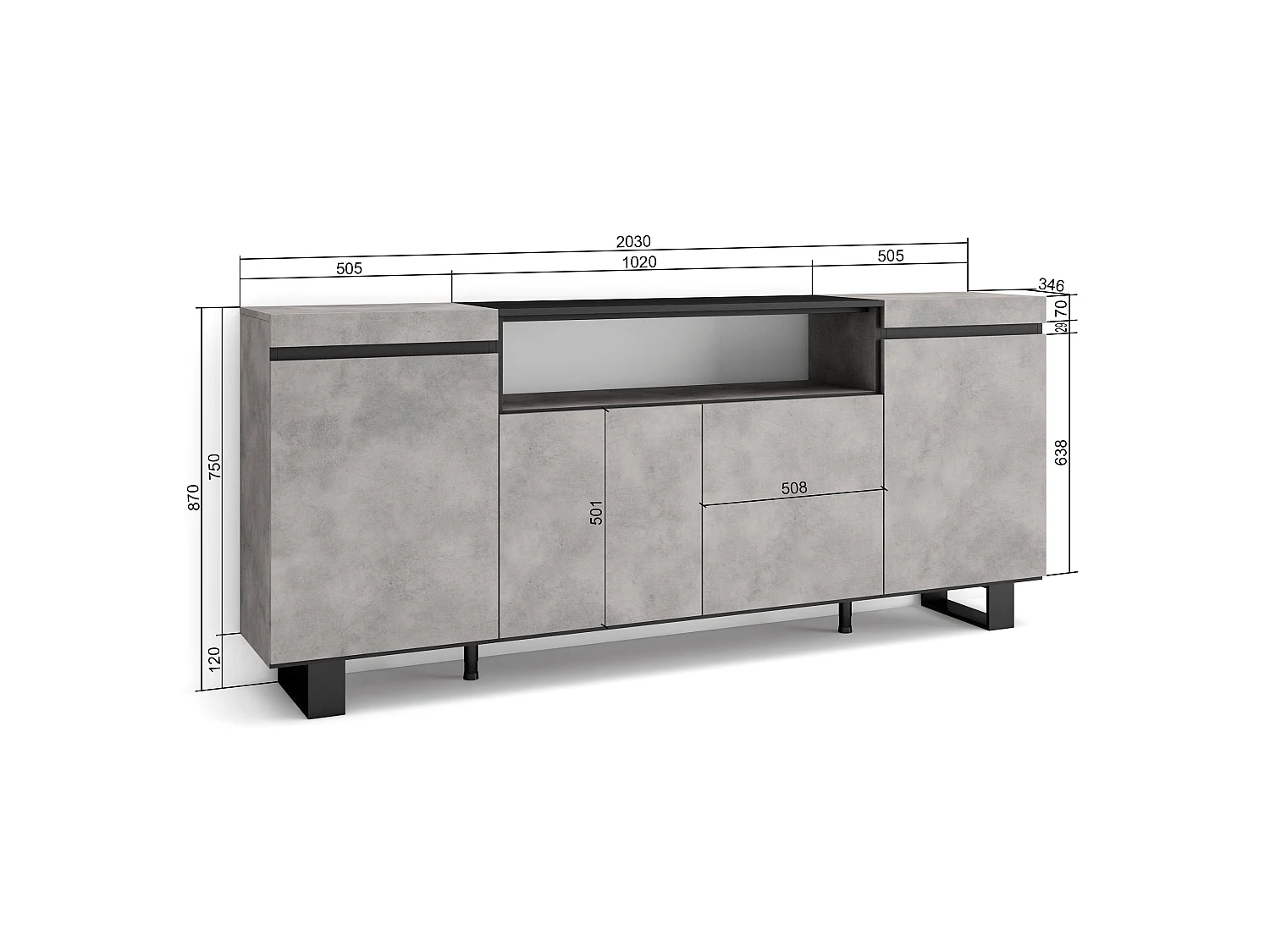 Buffet salon et cuisine, 200x35x87cm, 4 Portes, Design industriel, Ciment
